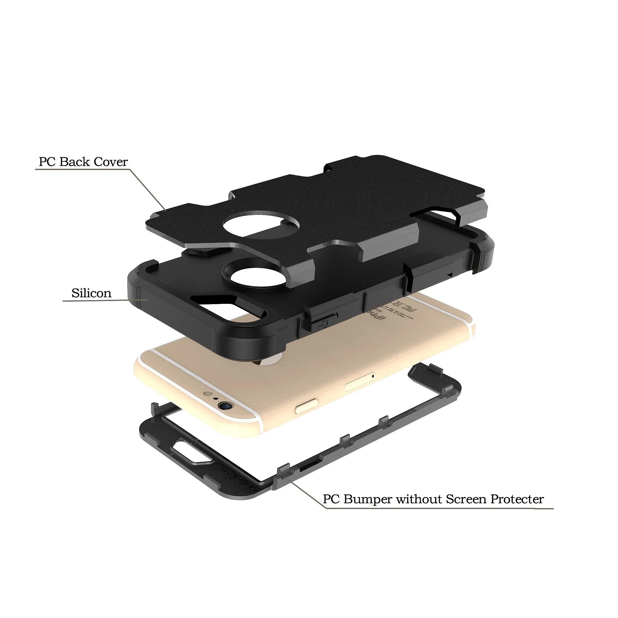 For iPhone 6/6S PC  Silicone 2 in 1 Hit Color Tri-proof Shockproof Dustproof Anti-fall Protective Cover Back Case black