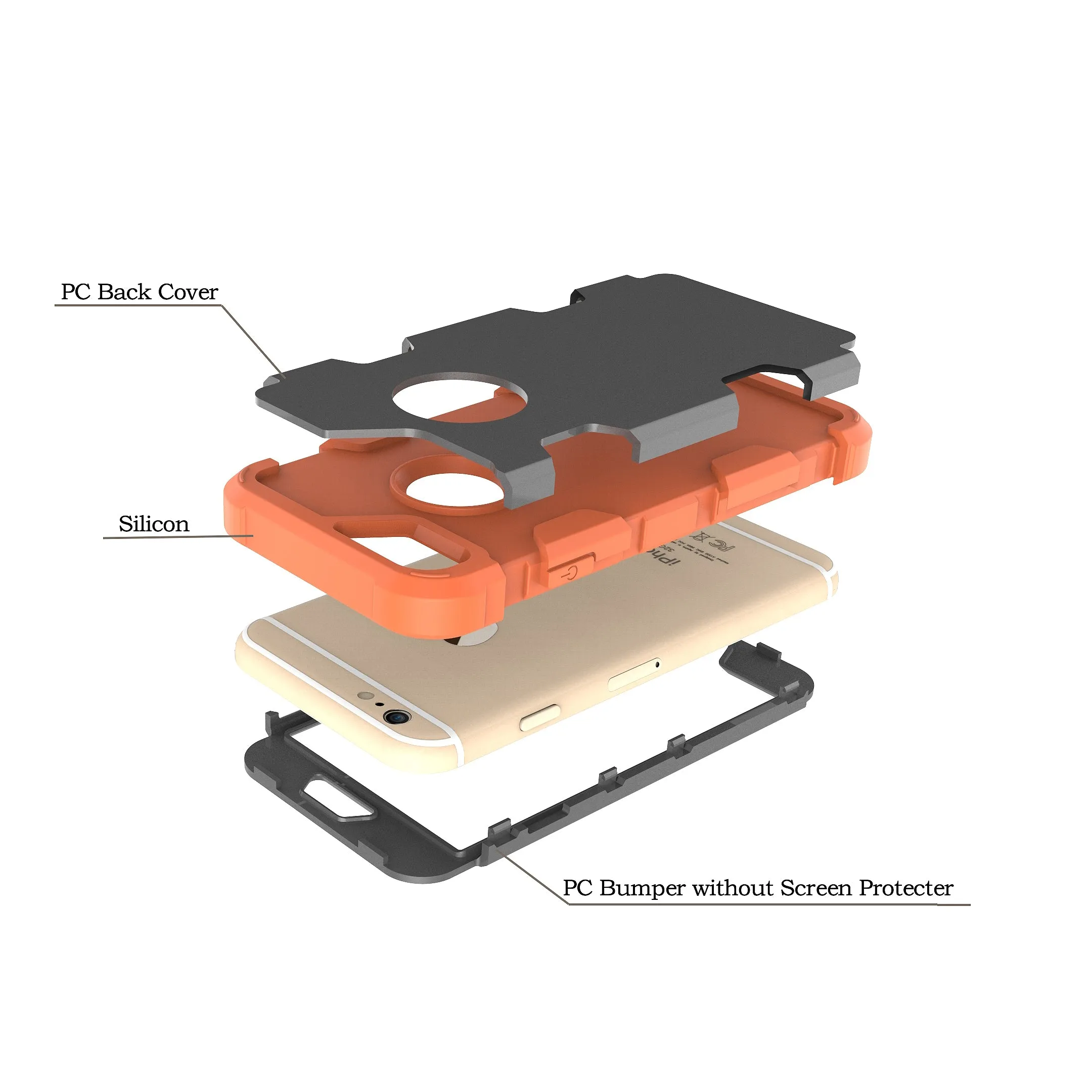 For iPhone 6/6S PC  Silicone 2 in 1 Hit Color Tri-proof Shockproof Dustproof Anti-fall Protective Cover Back Case Gray   orange