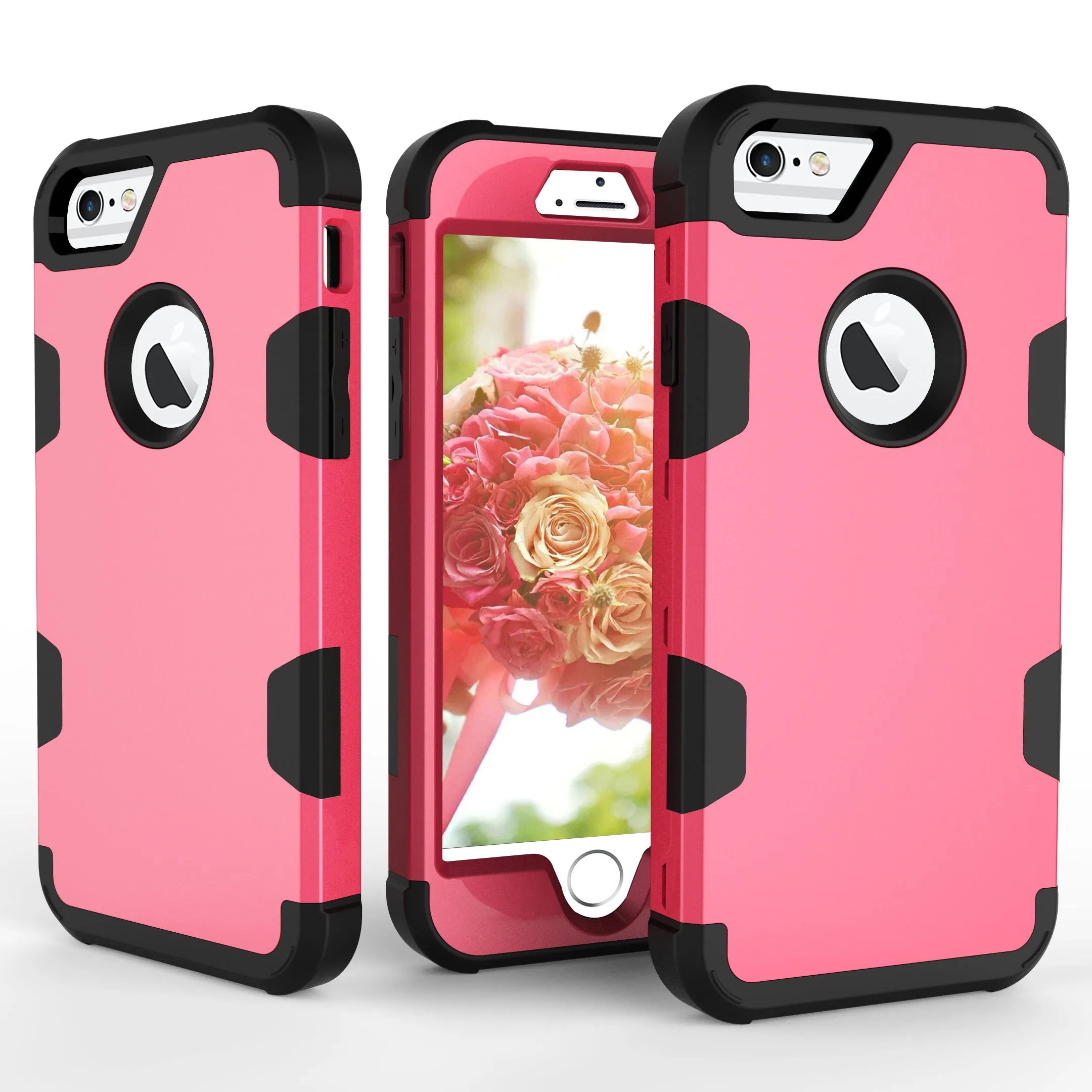 For iPhone 6/6S PC  Silicone 2 in 1 Hit Color Tri-proof Shockproof Dustproof Anti-fall Protective Cover Back Case Rose red   black