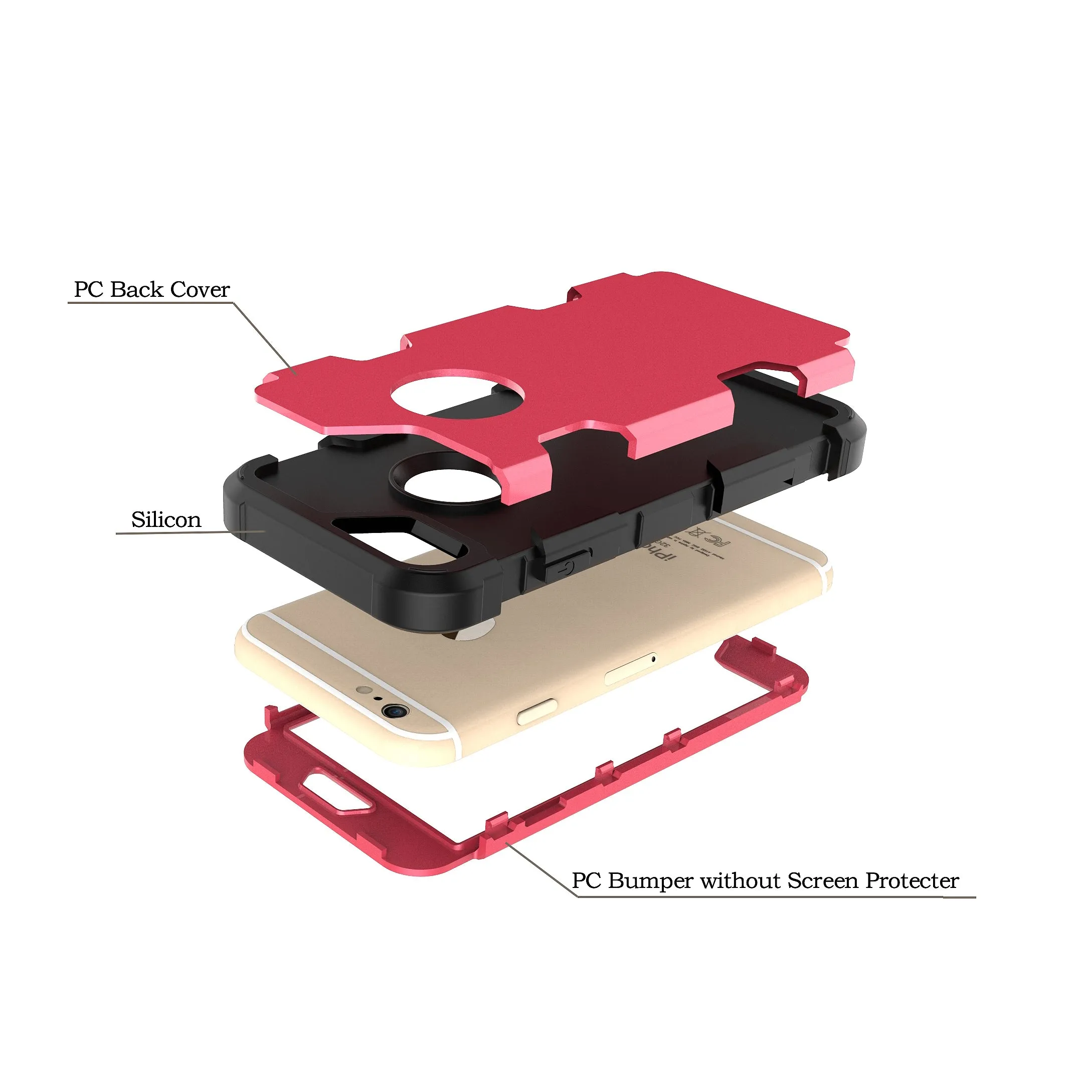 For iPhone 6/6S PC  Silicone 2 in 1 Hit Color Tri-proof Shockproof Dustproof Anti-fall Protective Cover Back Case Rose red   black