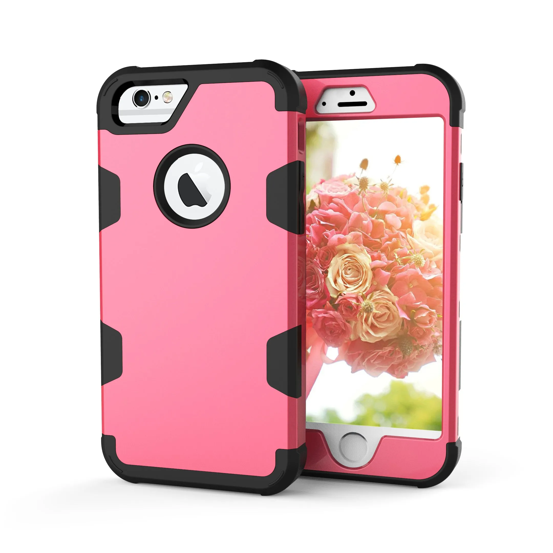 For iPhone 6/6S PC  Silicone 2 in 1 Hit Color Tri-proof Shockproof Dustproof Anti-fall Protective Cover Back Case Rose red   black