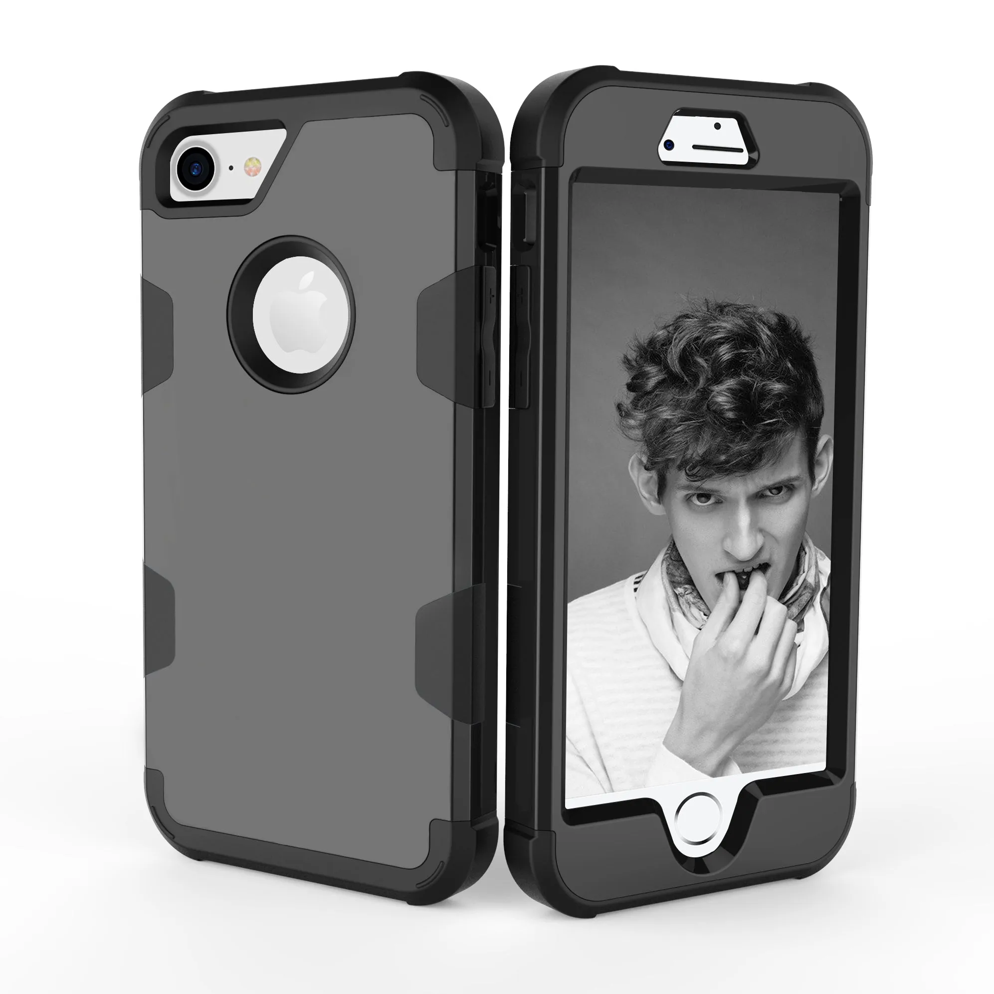 For iPhone 7 PC  Silicone 2 in 1 Hit Color Tri-proof Shockproof Dustproof Anti-fall Protective Cover Back Case black