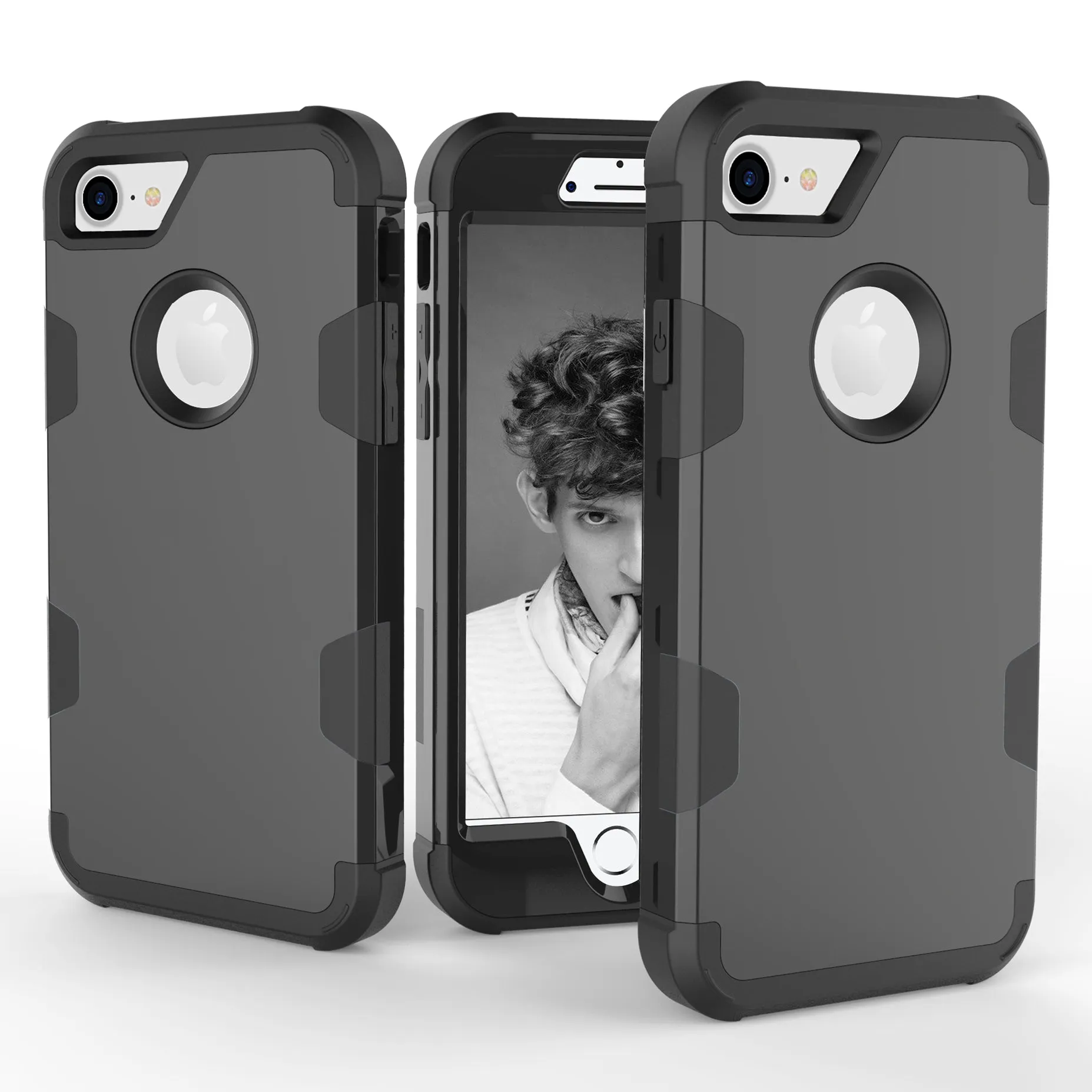 For iPhone 7 PC  Silicone 2 in 1 Hit Color Tri-proof Shockproof Dustproof Anti-fall Protective Cover Back Case black