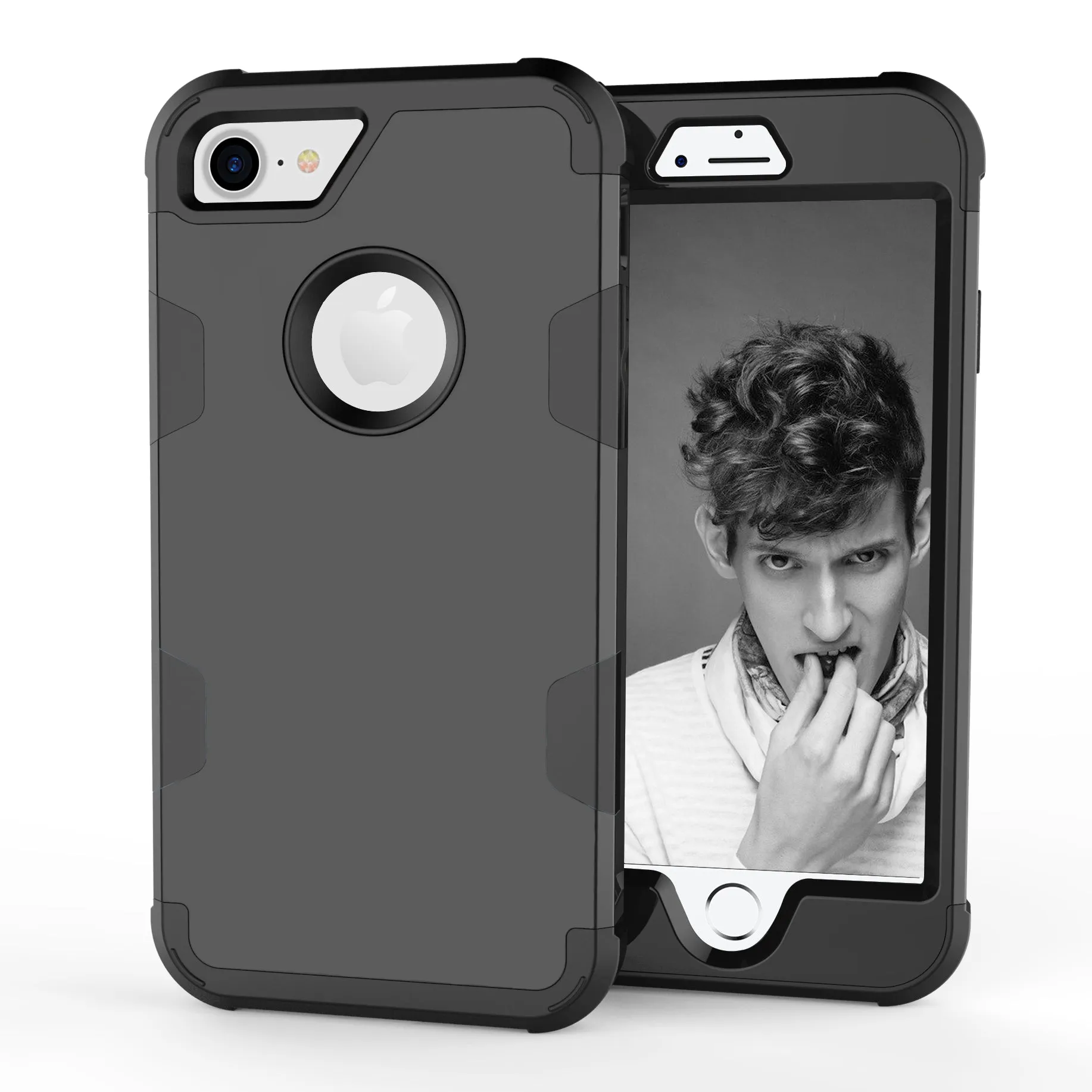 For iPhone 7 PC  Silicone 2 in 1 Hit Color Tri-proof Shockproof Dustproof Anti-fall Protective Cover Back Case black