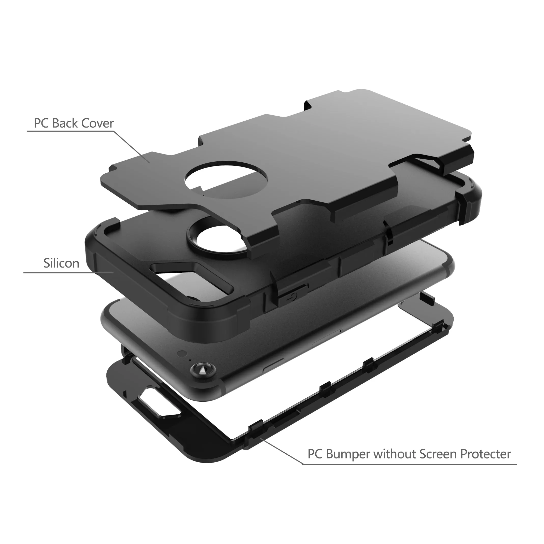 For iPhone 7 PC  Silicone 2 in 1 Hit Color Tri-proof Shockproof Dustproof Anti-fall Protective Cover Back Case black