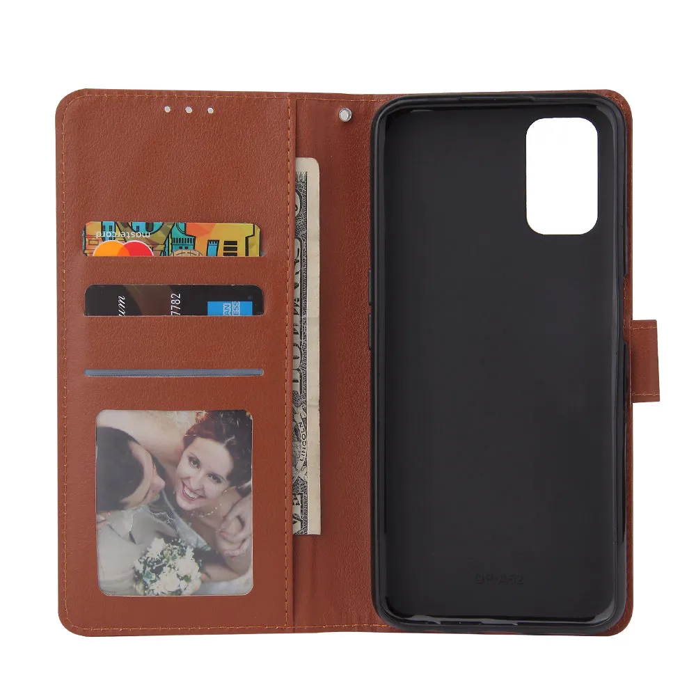 For OPPO A52/A72/A92 PU Leather Protective Phone Case with 3 Cards Slots Bracket brown