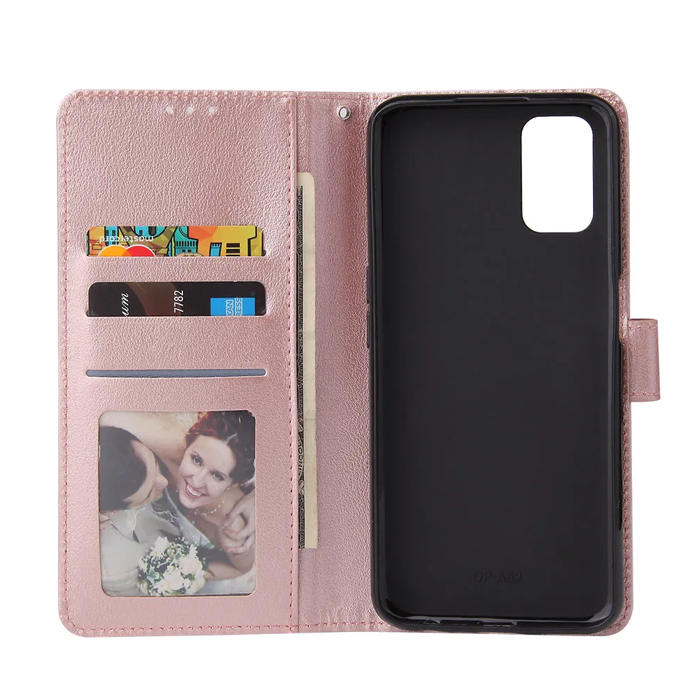 For OPPO A52/A72/A92 PU Leather Protective Phone Case with 3 Cards Slots Bracket Rose gold
