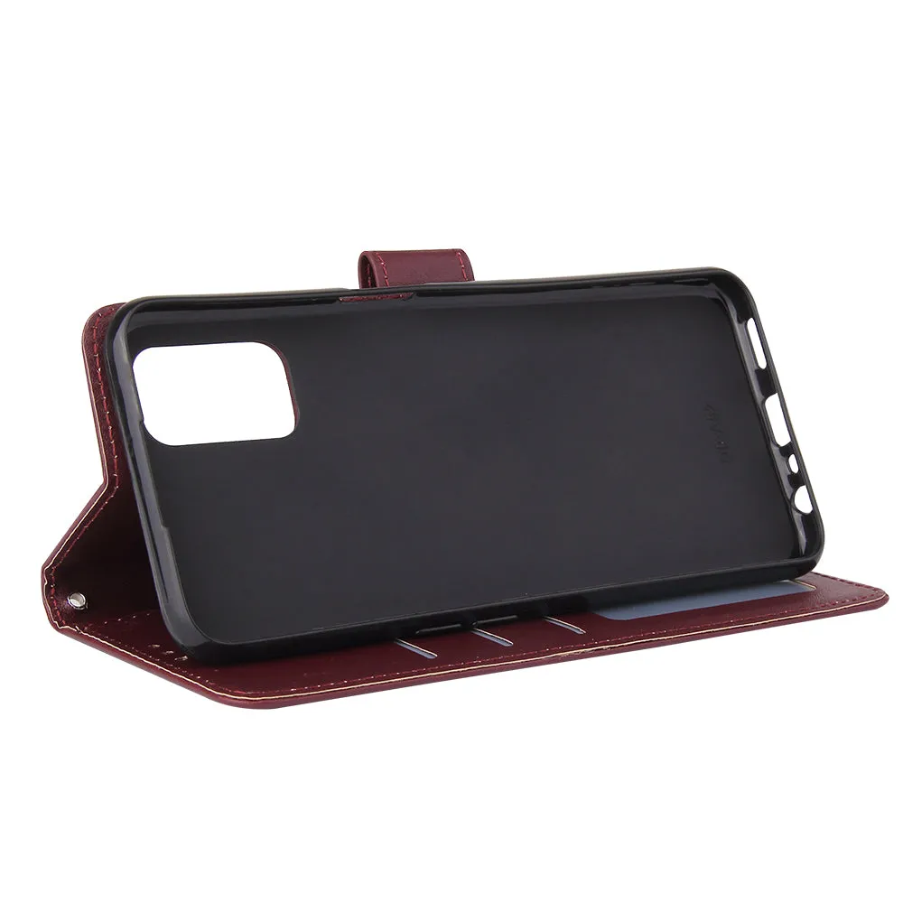 For OPPO A52/A72/A92 PU Leather Protective Phone Case with 3 Cards Slots Bracket wine red