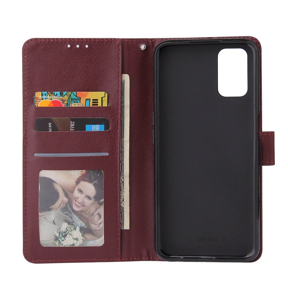 For OPPO A52/A72/A92 PU Leather Protective Phone Case with 3 Cards Slots Bracket wine red