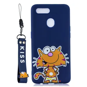 For OPPO A7 Cartoon Lovely Coloured Painted Soft TPU Back Cover Non-slip Shockproof Full Protective Case with Lanyard sapphire