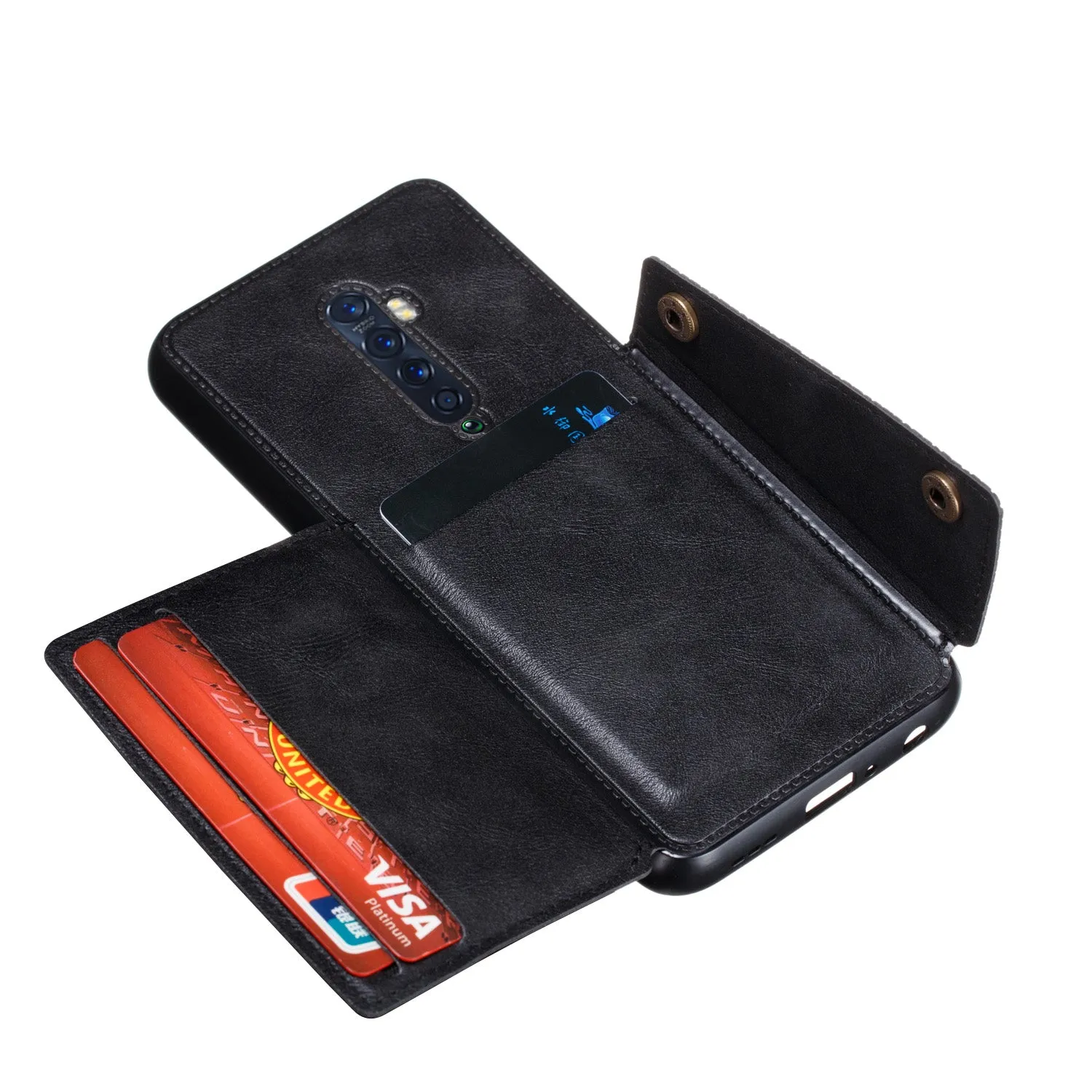 For OPPO A9 2020/Realme XT/Reno 2 Mobile Phone Shell Classic Textured Pattern Buckle Closure Design Anti-fall Smartphone Case  black