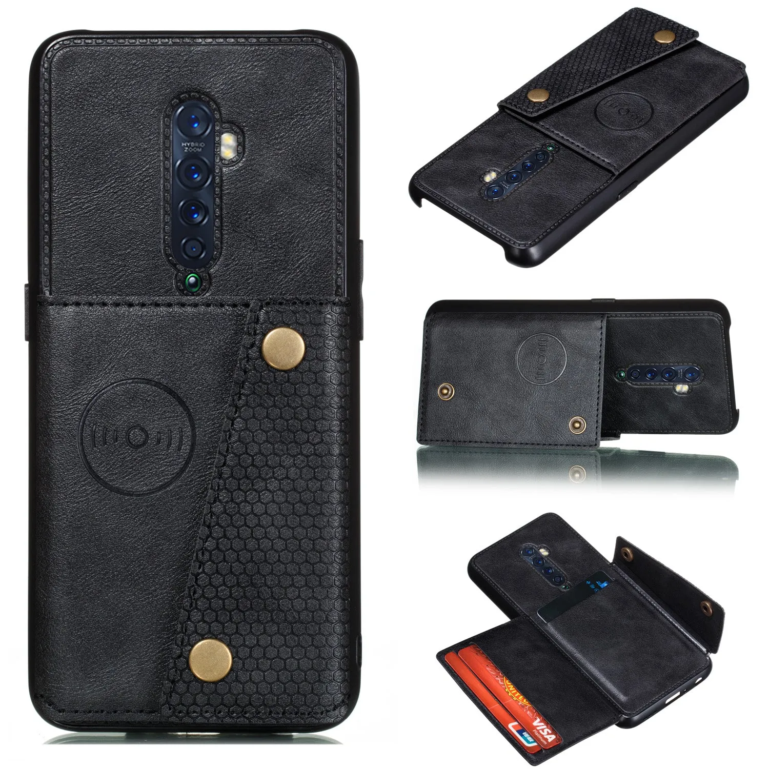 For OPPO A9 2020/Realme XT/Reno 2 Mobile Phone Shell Classic Textured Pattern Buckle Closure Design Anti-fall Smartphone Case  black