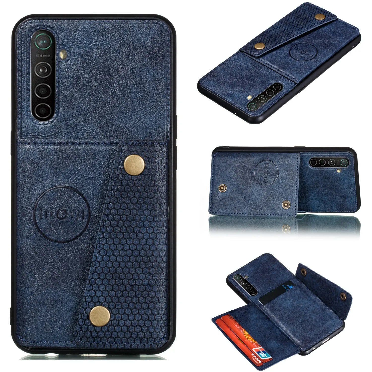 For OPPO A9 2020/Realme XT/Reno 2 Mobile Phone Shell Classic Textured Pattern Buckle Closure Design Anti-fall Smartphone Case  blue