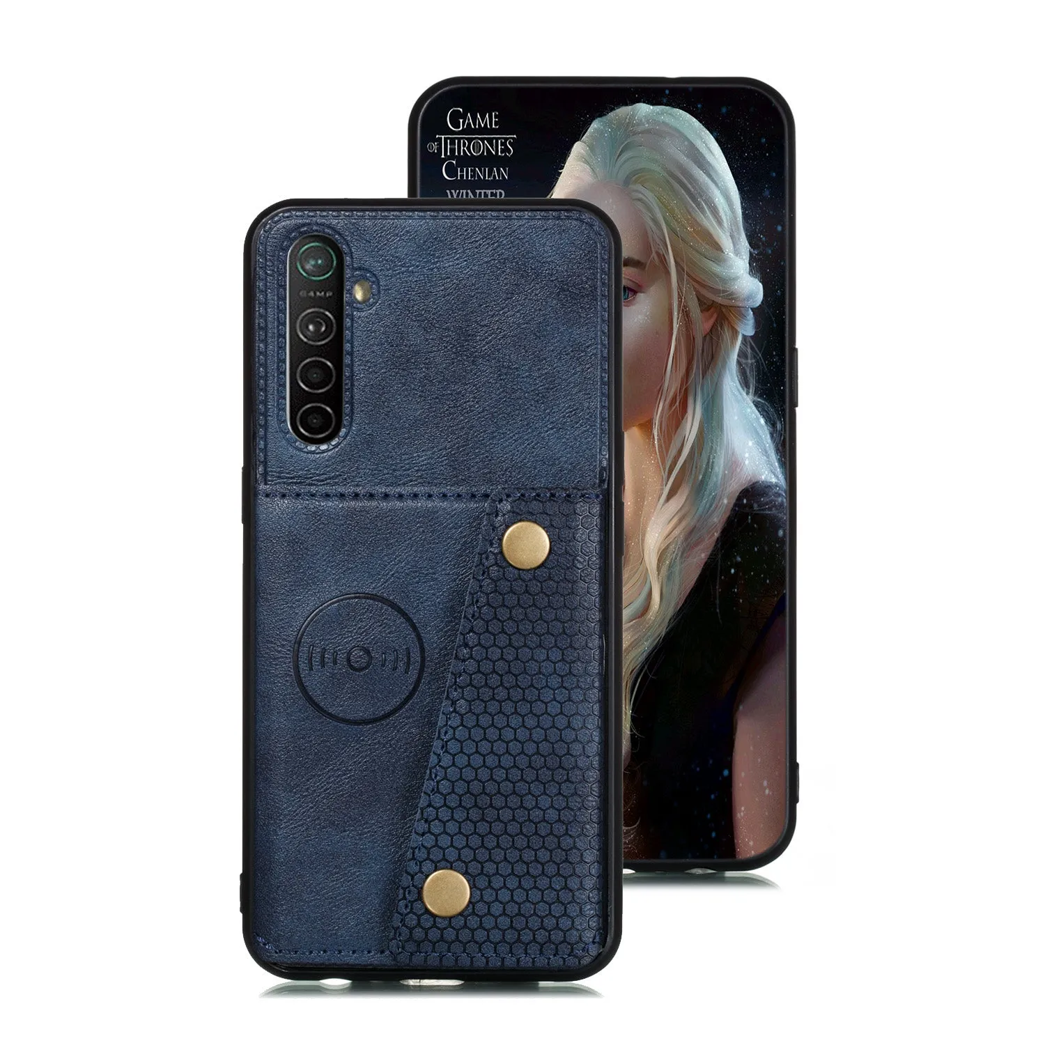 For OPPO A9 2020/Realme XT/Reno 2 Mobile Phone Shell Classic Textured Pattern Buckle Closure Design Anti-fall Smartphone Case  blue