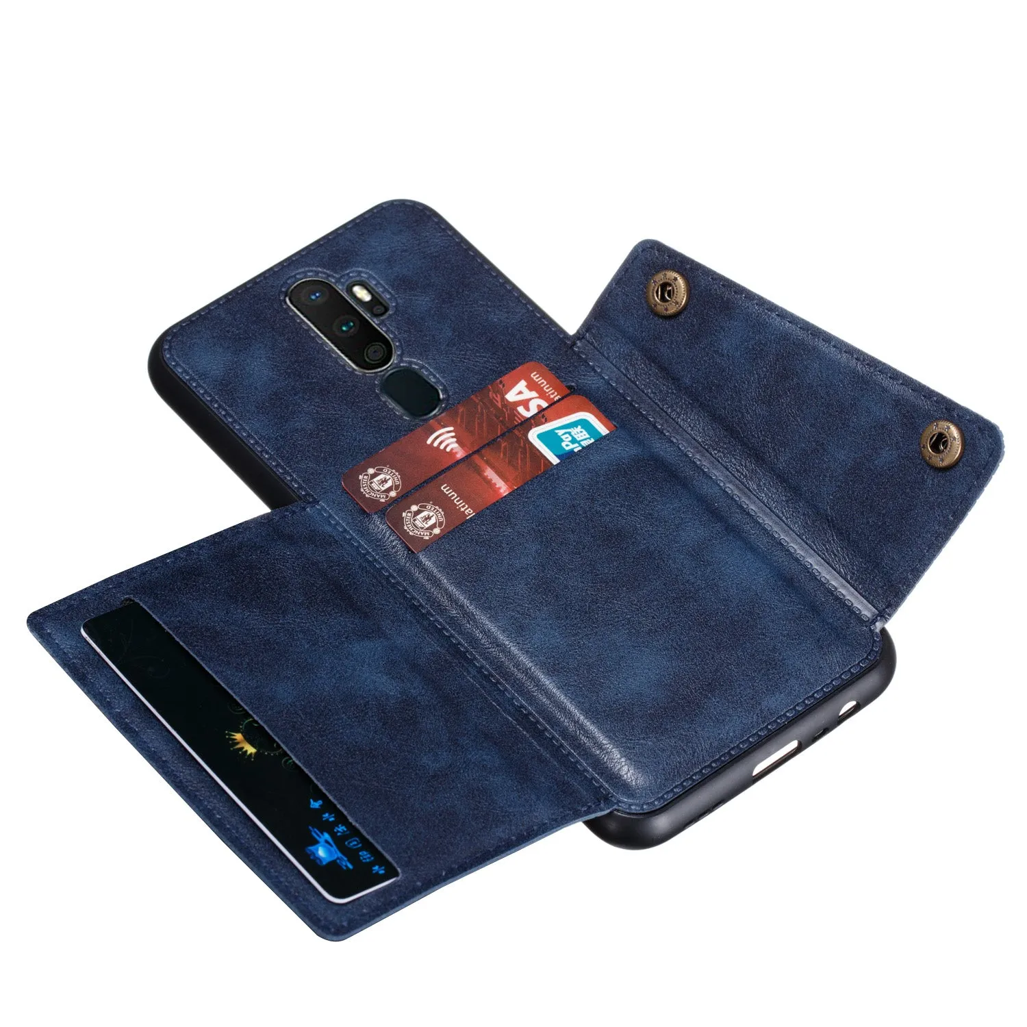 For OPPO A9 2020/Realme XT/Reno 2 Mobile Phone Shell Classic Textured Pattern Buckle Closure Design Anti-fall Smartphone Case  blue