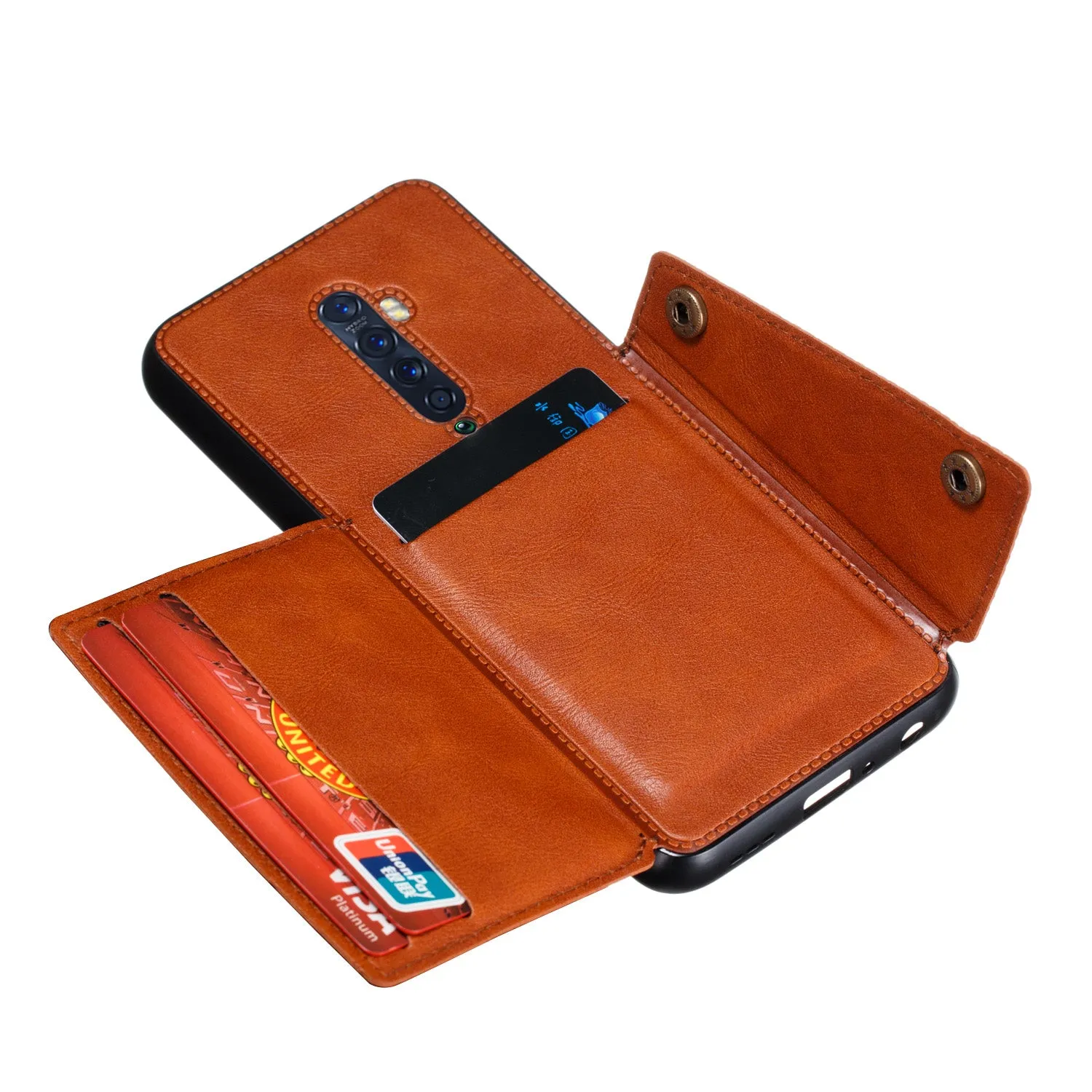 For OPPO A9 2020/Realme XT/Reno 2 Mobile Phone Shell Classic Textured Pattern Buckle Closure Design Anti-fall Smartphone Case  brown