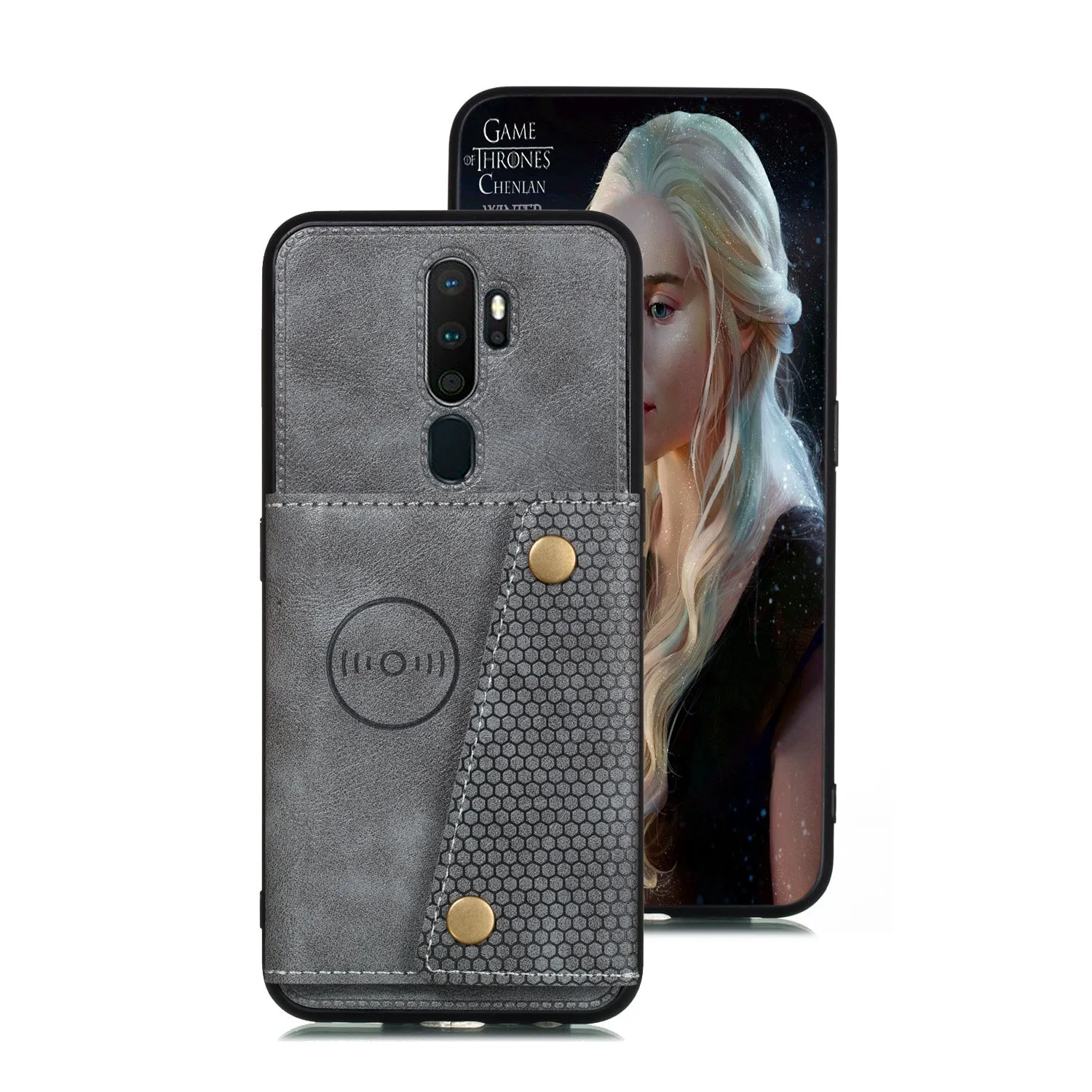 For OPPO A9 2020/Realme XT/Reno 2 Mobile Phone Shell Classic Textured Pattern Buckle Closure Design Anti-fall Smartphone Case  gray