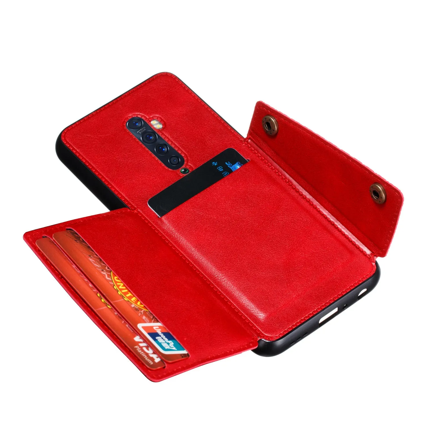 For OPPO A9 2020/Realme XT/Reno 2 Mobile Phone Shell Classic Textured Pattern Buckle Closure Design Anti-fall Smartphone Case  red