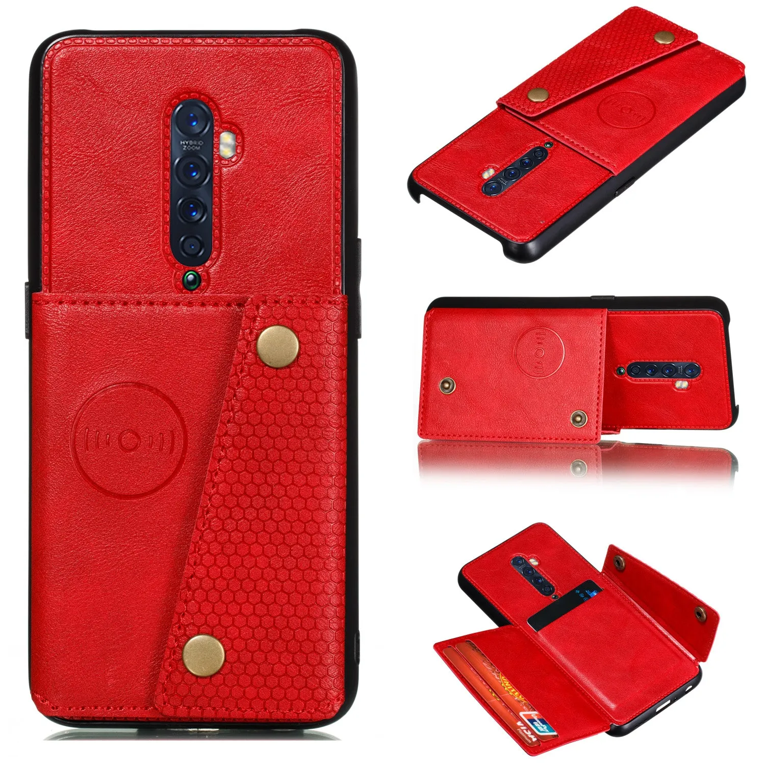 For OPPO A9 2020/Realme XT/Reno 2 Mobile Phone Shell Classic Textured Pattern Buckle Closure Design Anti-fall Smartphone Case  red