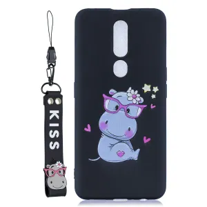 For OPPO F11 PRO Cartoon Lovely Coloured Painted Soft TPU Back Cover Non-slip Shockproof Full Protective Case with Lanyard black