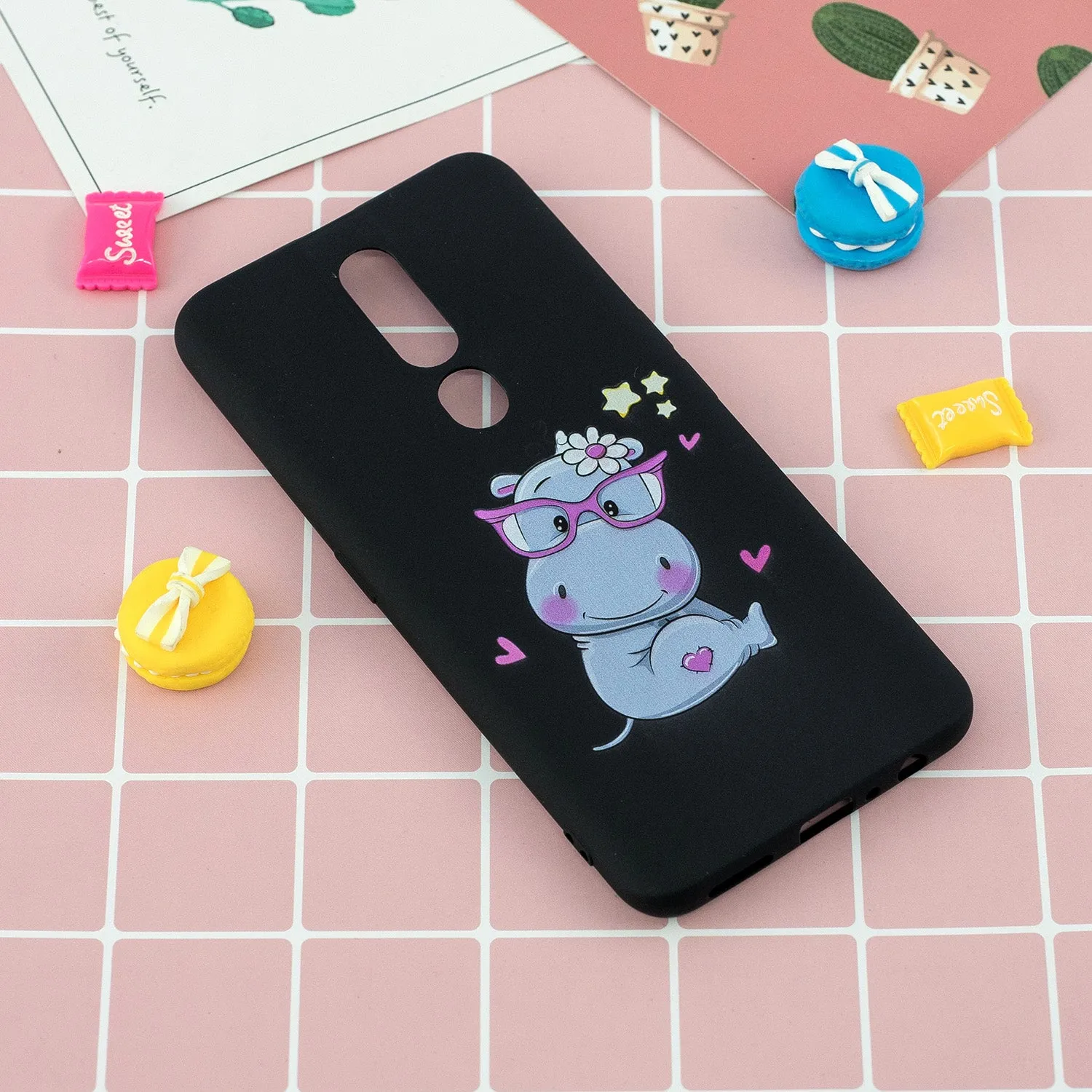 For OPPO F11 PRO Cartoon Lovely Coloured Painted Soft TPU Back Cover Non-slip Shockproof Full Protective Case with Lanyard black