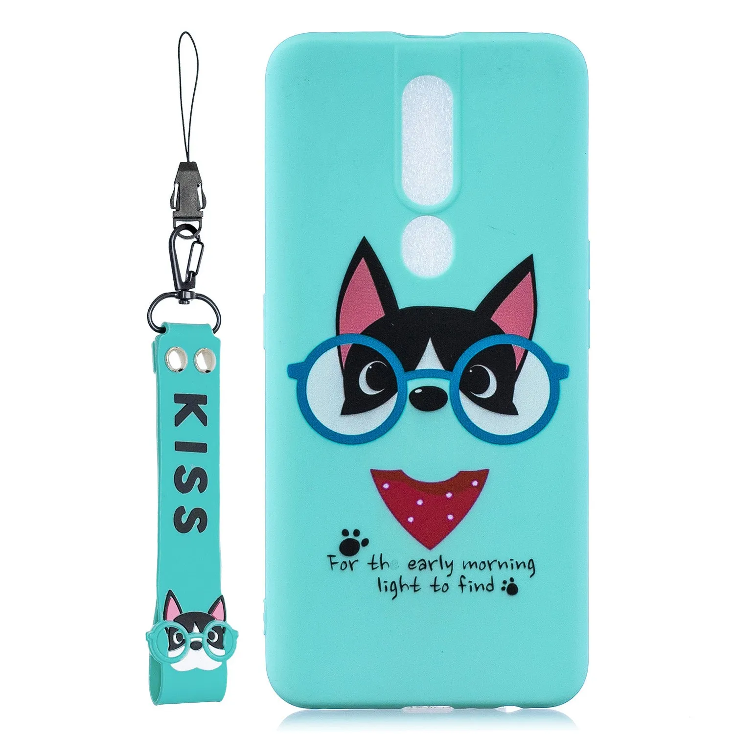 For OPPO F11 PRO Cartoon Lovely Coloured Painted Soft TPU Back Cover Non-slip Shockproof Full Protective Case with Lanyard Light blue