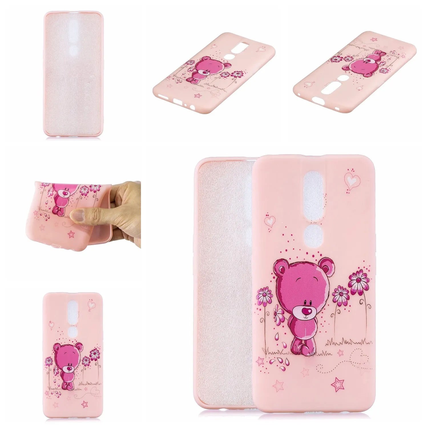 For OPPO F11 PRO Cartoon Lovely Coloured Painted Soft TPU Back Cover Non-slip Shockproof Full Protective Case with Lanyard Light pink