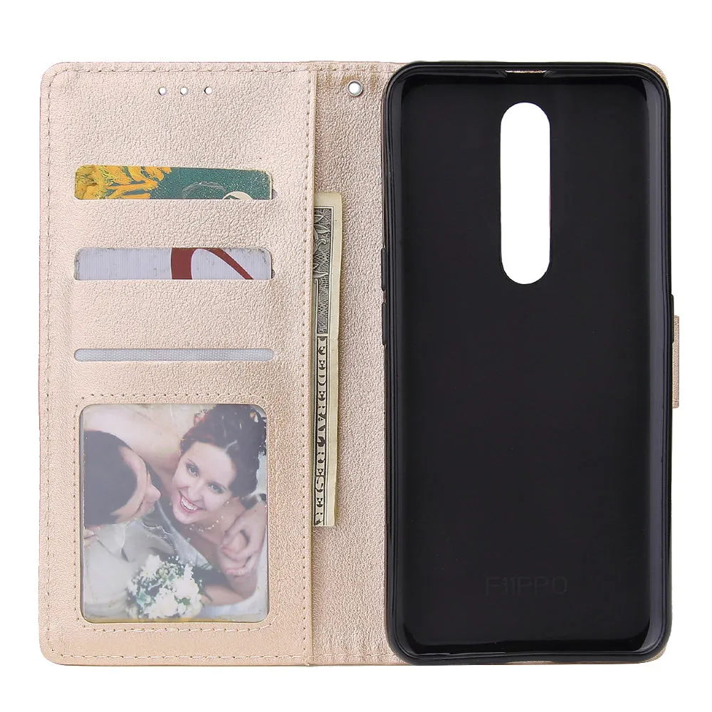 For OPPO F11 Wallet-type PU Leather Protective Phone Case with Buckle & 3 Card Position Gold