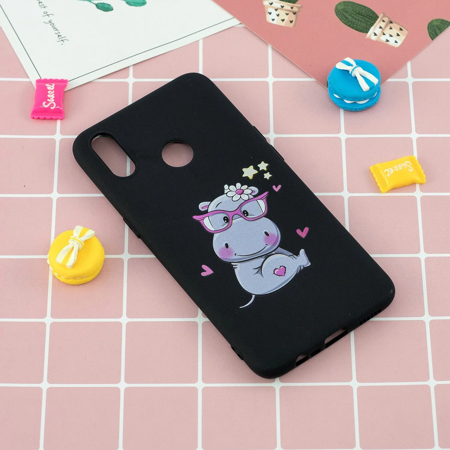 For OPPO Realme 3 Cartoon Lovely Coloured Painted Soft TPU Back Cover Non-slip Shockproof Full Protective Case with Lanyard black