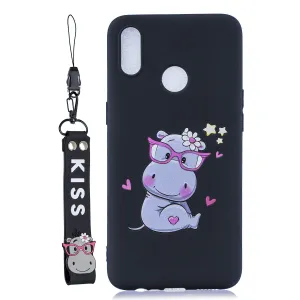 For OPPO Realme 3 Cartoon Lovely Coloured Painted Soft TPU Back Cover Non-slip Shockproof Full Protective Case with Lanyard black