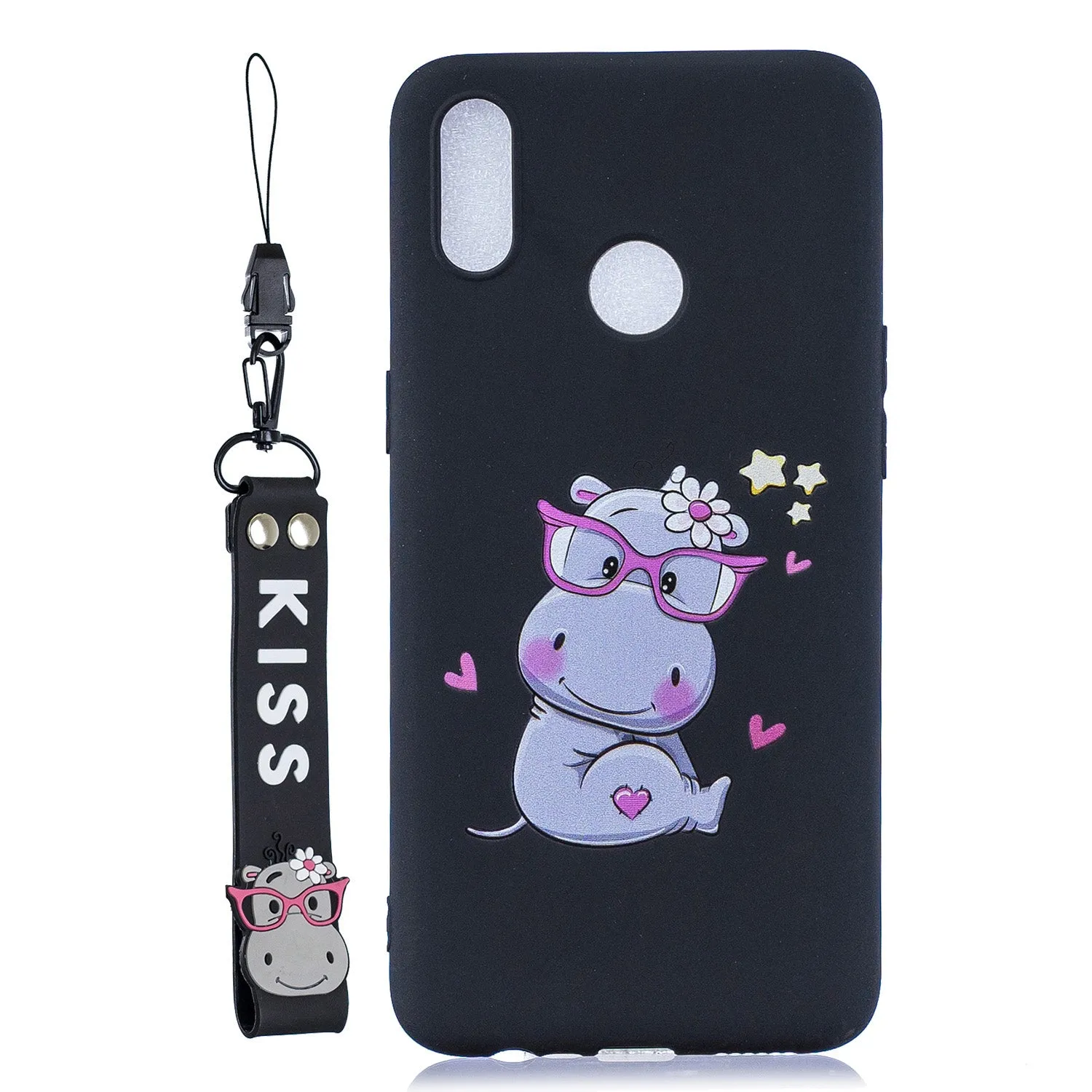 For OPPO Realme 3 Cartoon Lovely Coloured Painted Soft TPU Back Cover Non-slip Shockproof Full Protective Case with Lanyard black