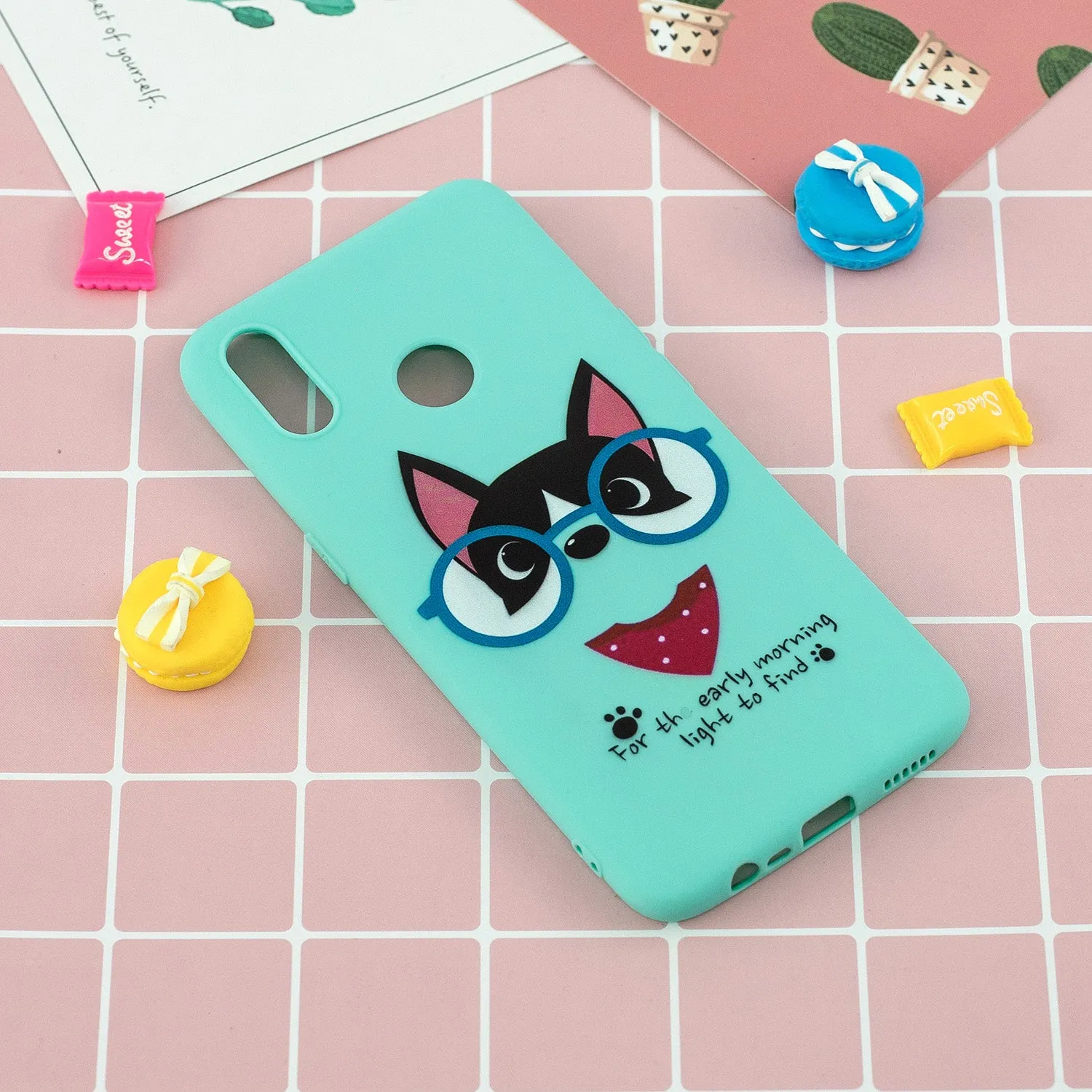 For OPPO Realme 3 Cartoon Lovely Coloured Painted Soft TPU Back Cover Non-slip Shockproof Full Protective Case with Lanyard Light blue