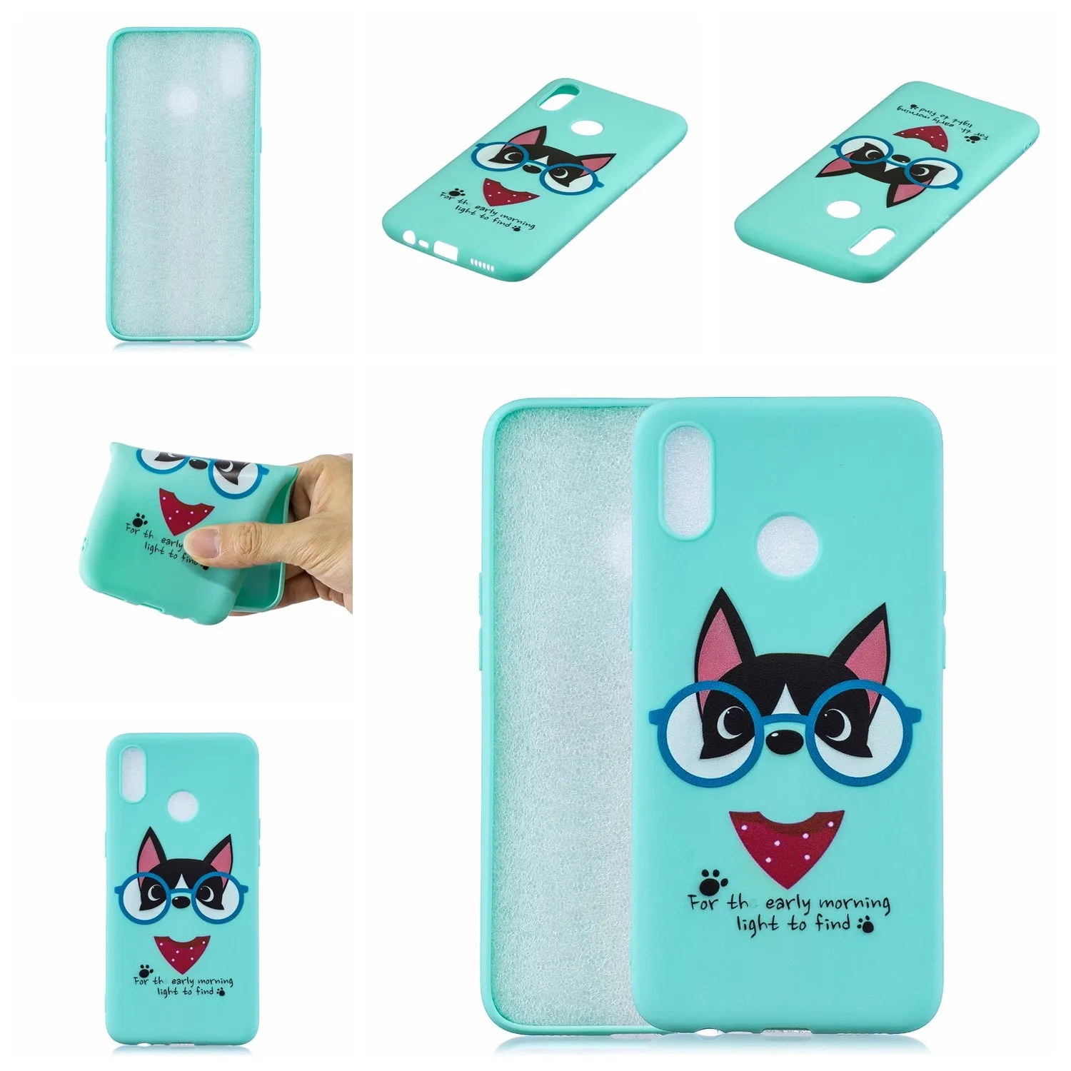 For OPPO Realme 3 Cartoon Lovely Coloured Painted Soft TPU Back Cover Non-slip Shockproof Full Protective Case with Lanyard Light blue