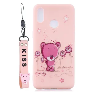 For OPPO Realme 3 Cartoon Lovely Coloured Painted Soft TPU Back Cover Non-slip Shockproof Full Protective Case with Lanyard Light pink