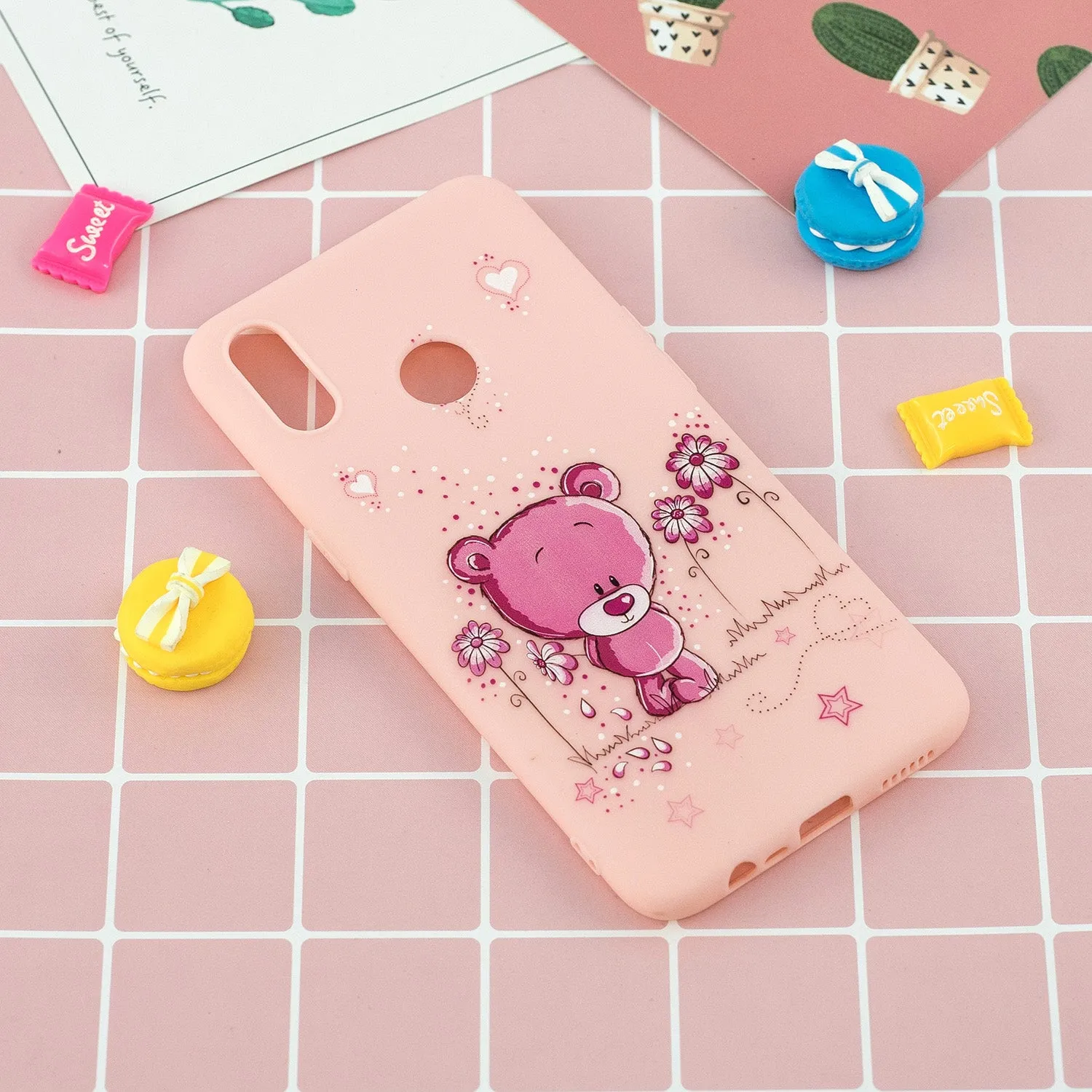 For OPPO Realme 3 Cartoon Lovely Coloured Painted Soft TPU Back Cover Non-slip Shockproof Full Protective Case with Lanyard Light pink