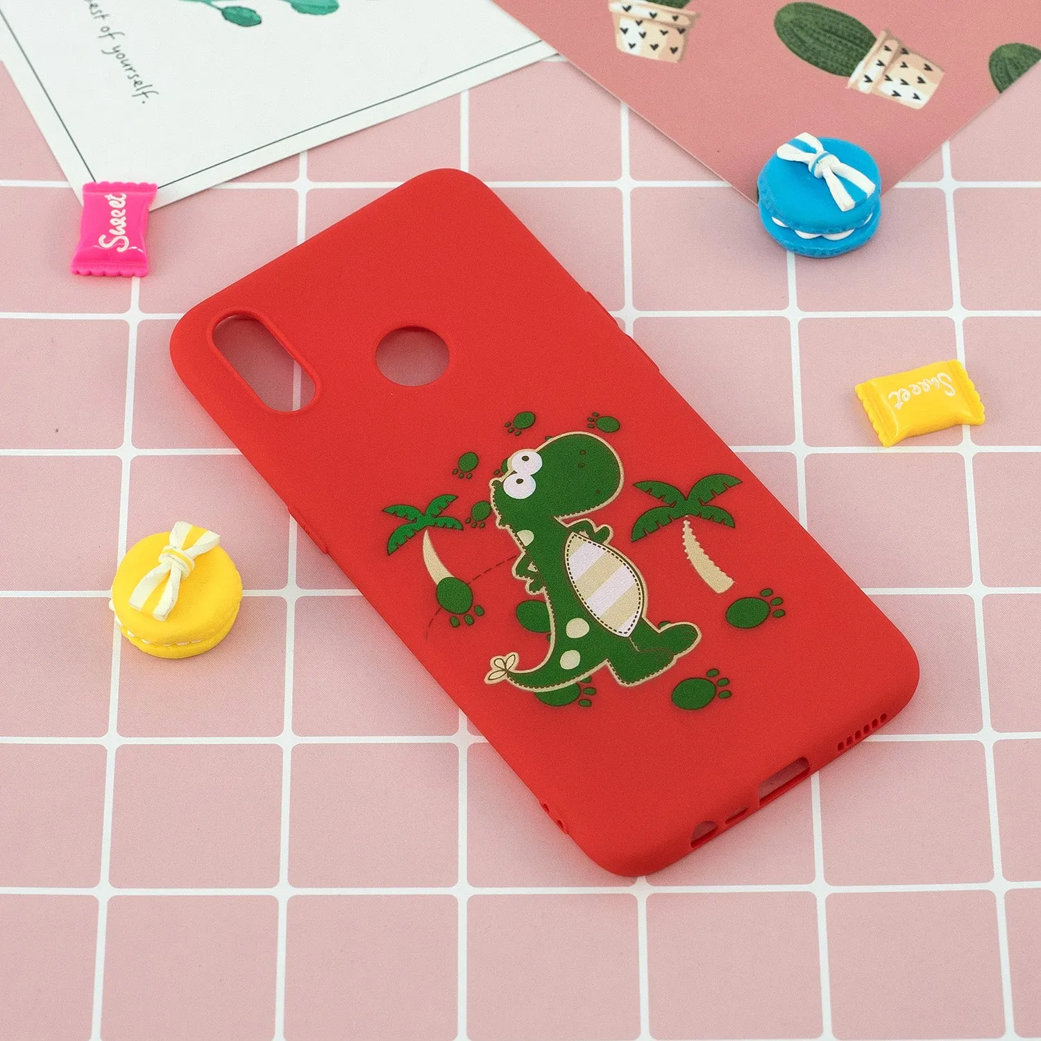 For OPPO Realme 3 Cartoon Lovely Coloured Painted Soft TPU Back Cover Non-slip Shockproof Full Protective Case with Lanyard red