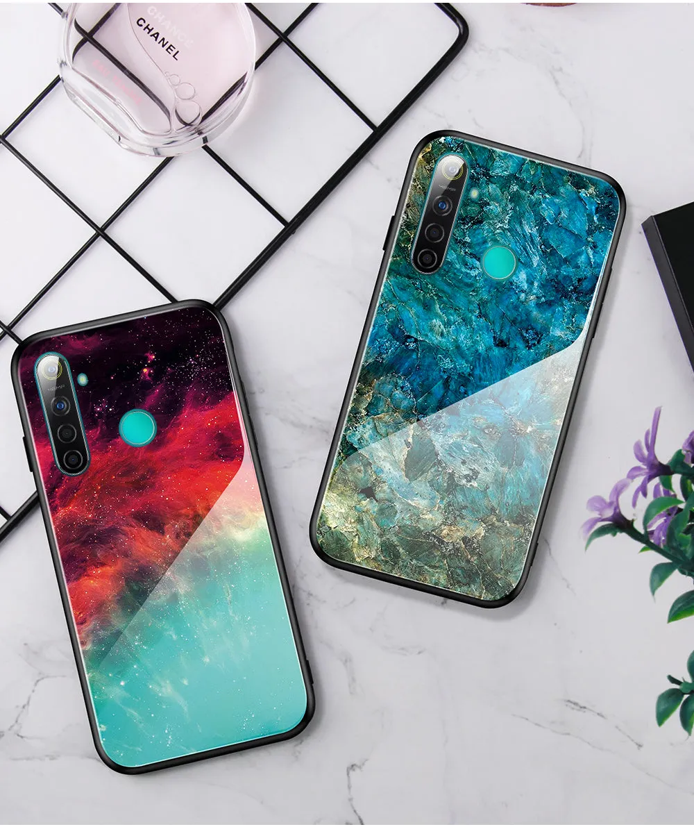 For OPPO Realme 3 Pro/Realme 5/Realme 5 Pro Mobile Shell Soft TPU Phone Case Glass Back Panel Gradient Design Overall Protective Shell Emerald