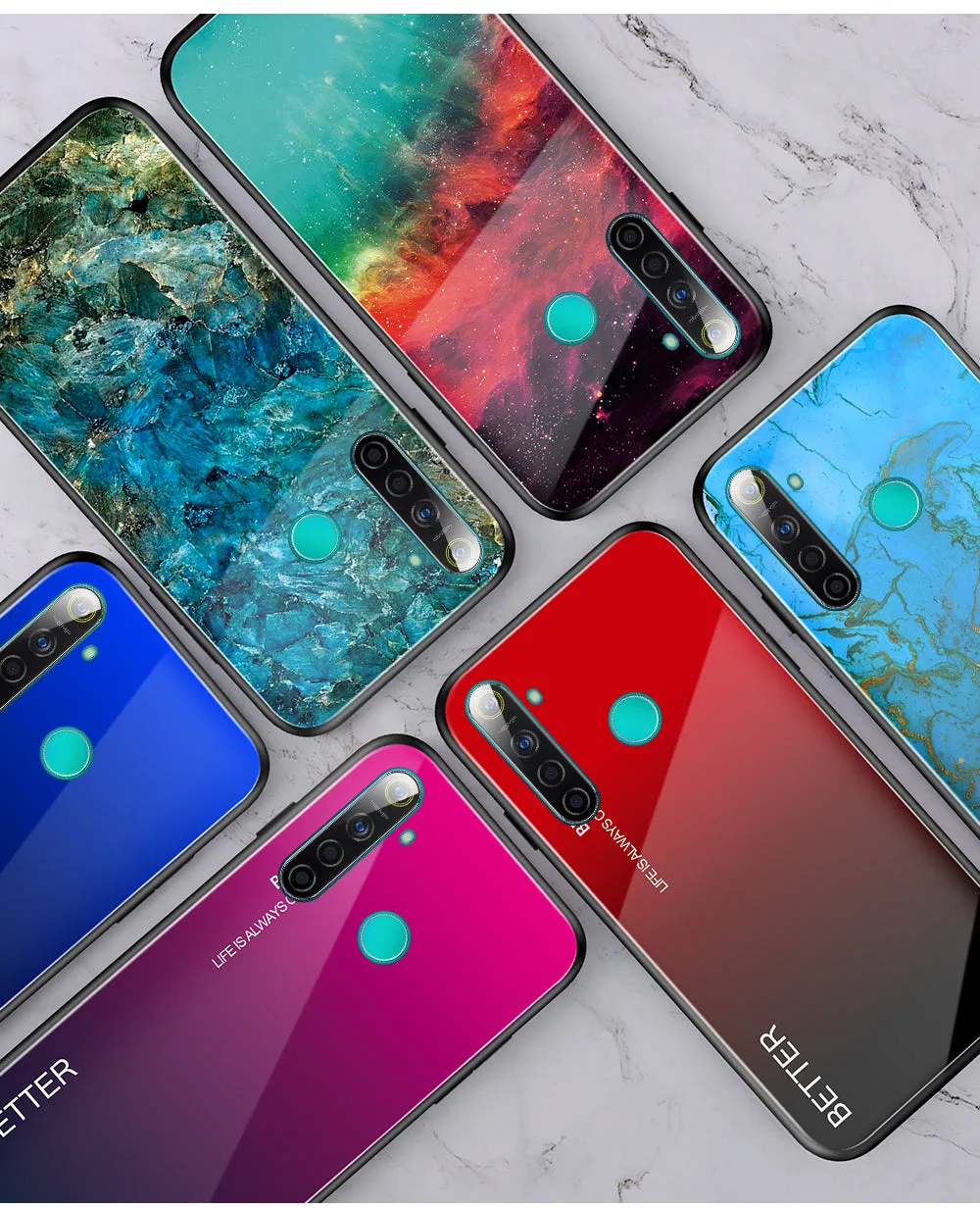 For OPPO Realme 3 Pro/Realme 5/Realme 5 Pro Mobile Shell Soft TPU Phone Case Glass Back Panel Gradient Design Overall Protective Shell Emerald