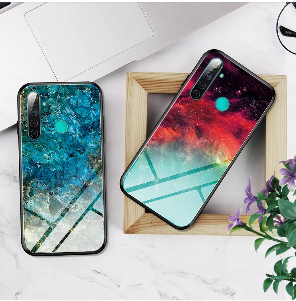 For OPPO Realme 3 Pro/Realme 5/Realme 5 Pro Mobile Shell Soft TPU Phone Case Glass Back Panel Gradient Design Overall Protective Shell Emerald