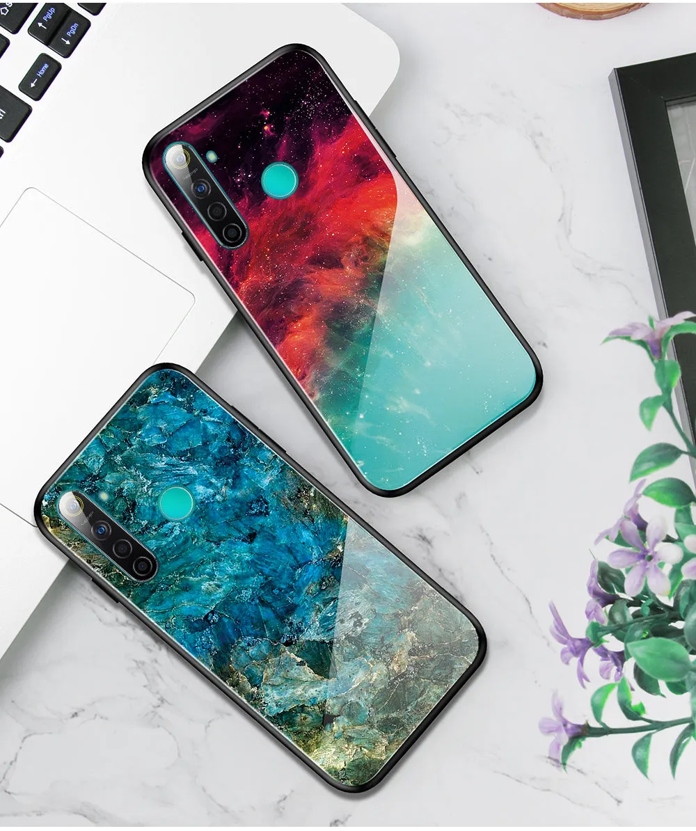 For OPPO Realme 3 Pro/Realme 5/Realme 5 Pro Mobile Shell Soft TPU Phone Case Glass Back Panel Gradient Design Overall Protective Shell Emerald