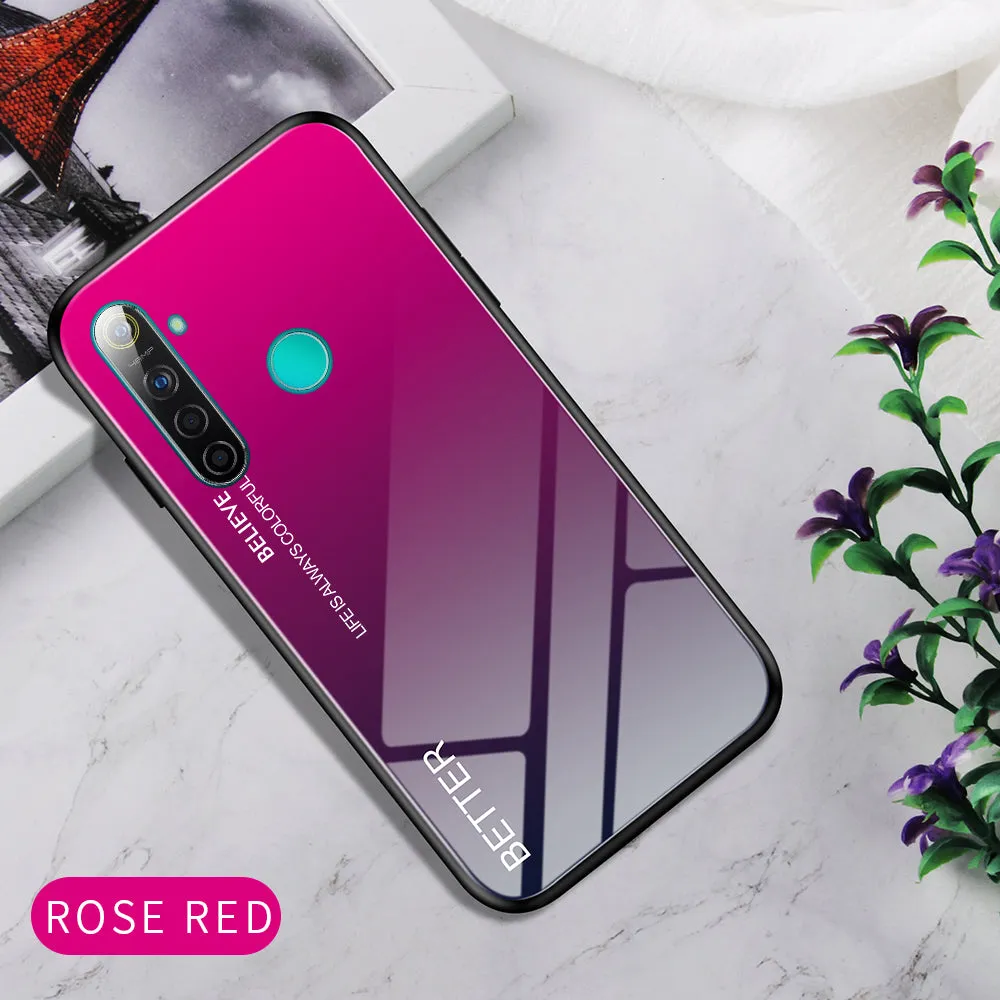 For OPPO Realme 3 Pro/Realme 5/Realme 5 Pro Mobile Shell Soft TPU Phone Case Glass Back Panel Gradient Design Overall Protective Shell Rose red