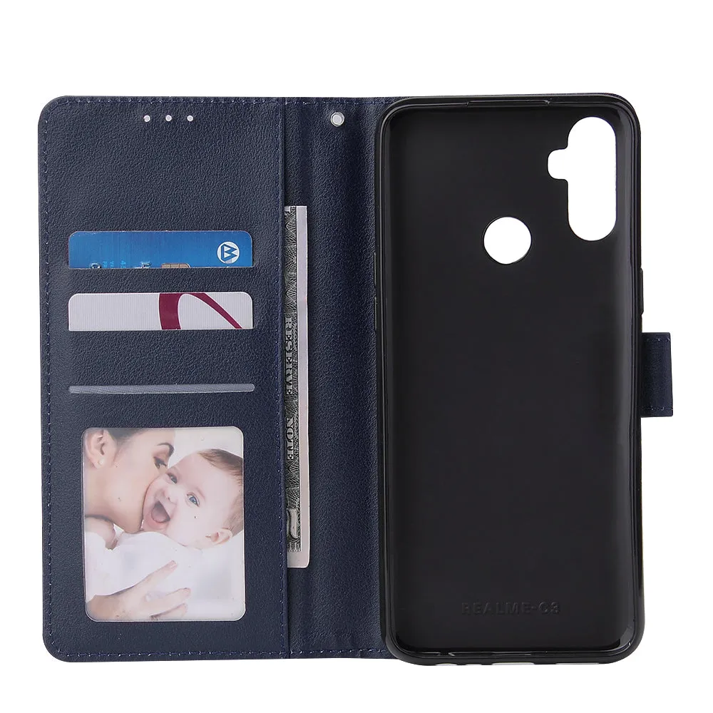 For OPPO Realme C3/Realme 6 PU Leather Mobile Phone Cover with 3 Cards Slots Phone Frame blue