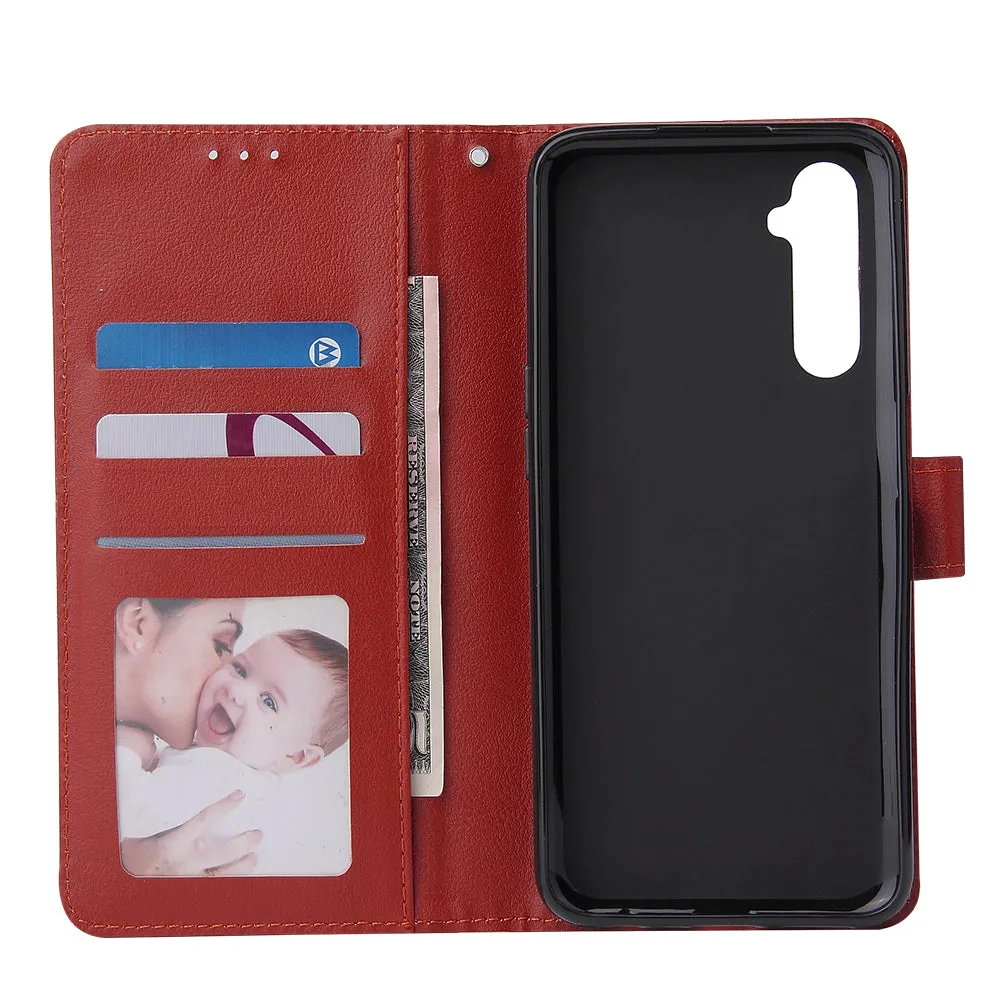 For OPPO Realme C3/Realme 6 PU Leather Mobile Phone Cover with 3 Cards Slots Phone Frame red