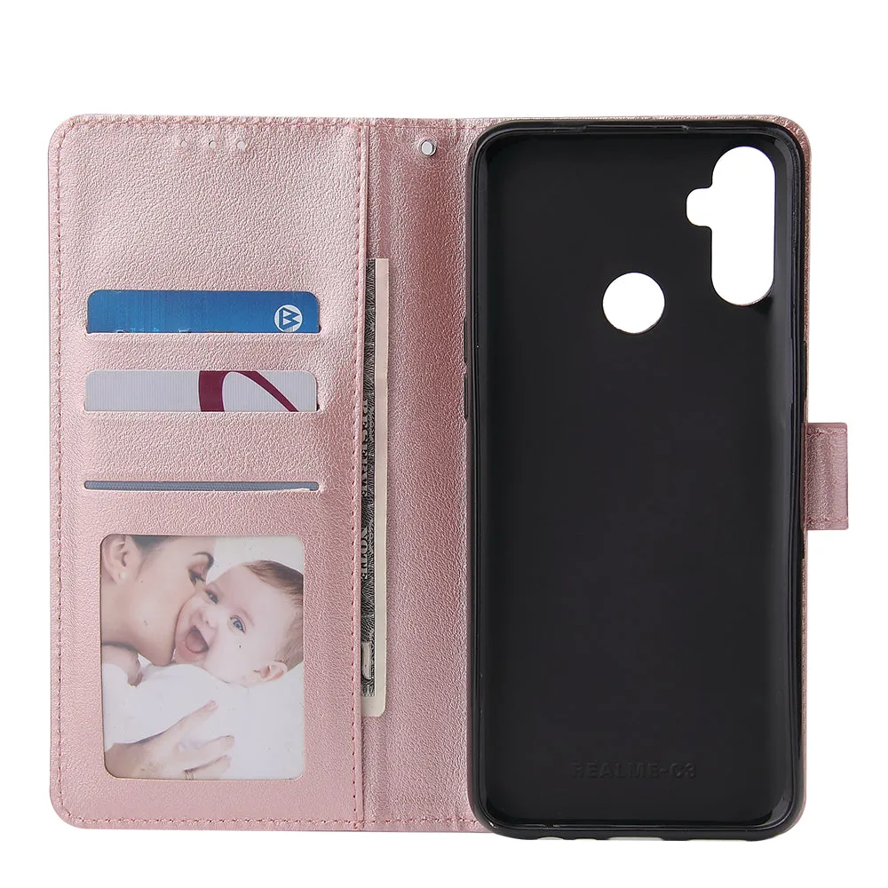 For OPPO Realme C3/Realme 6 PU Leather Mobile Phone Cover with 3 Cards Slots Phone Frame Rose gold