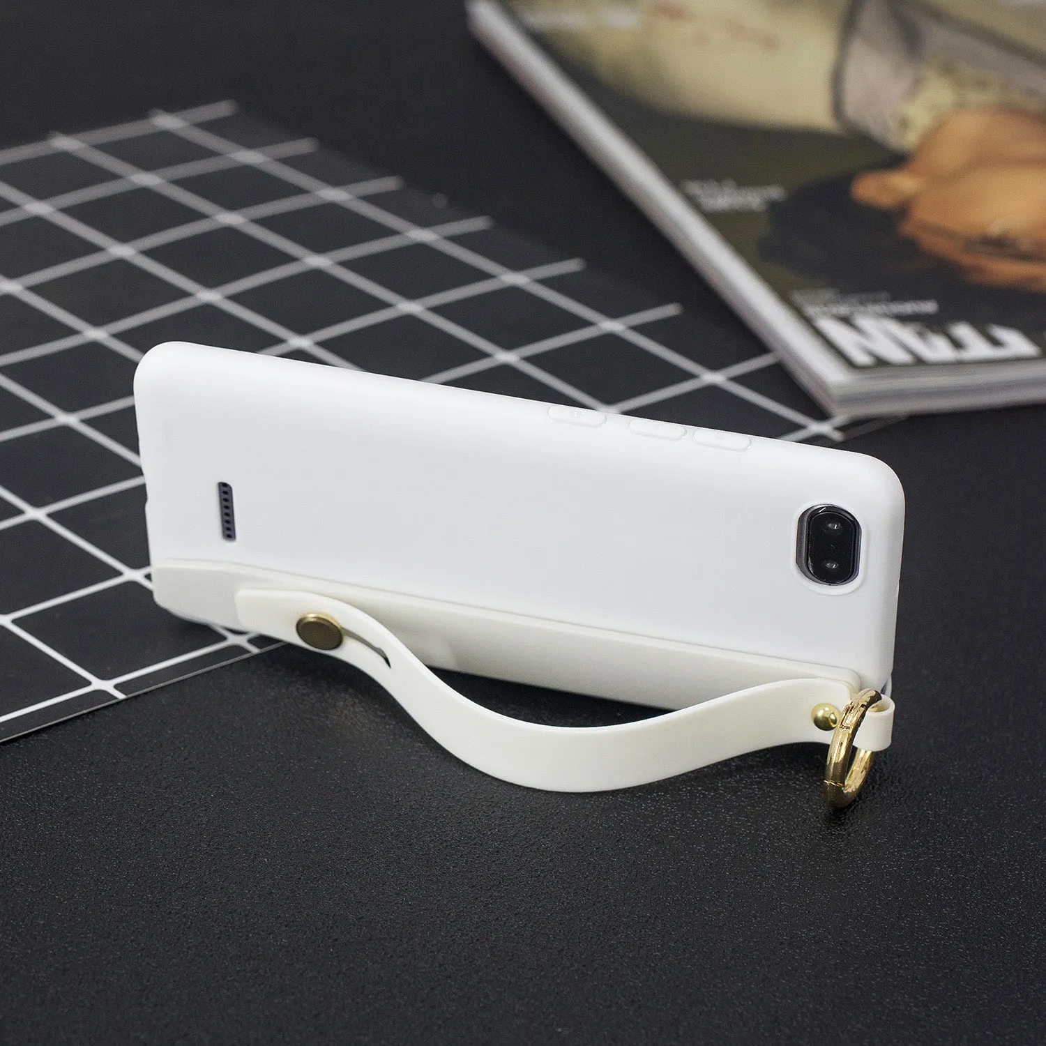 For Redmi 6A Simple Solid Color Chic Wrist Rope Bracket Matte TPU Anti-scratch Non-slip Protective Cover Back Case 2 white