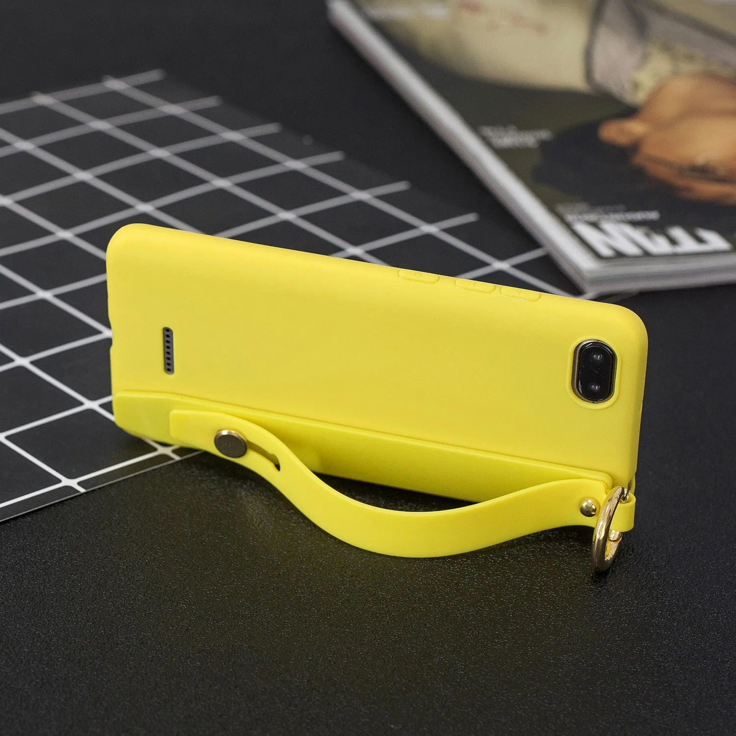 For Redmi 6A Simple Solid Color Chic Wrist Rope Bracket Matte TPU Anti-scratch Non-slip Protective Cover Back Case 3 yellow