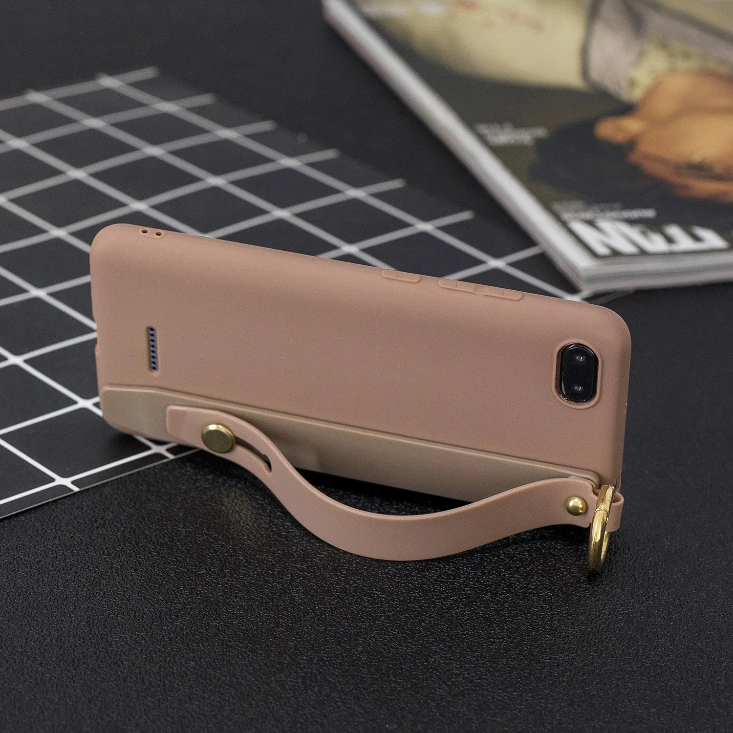 For Redmi 6A Simple Solid Color Chic Wrist Rope Bracket Matte TPU Anti-scratch Non-slip Protective Cover Back Case 9 coffee