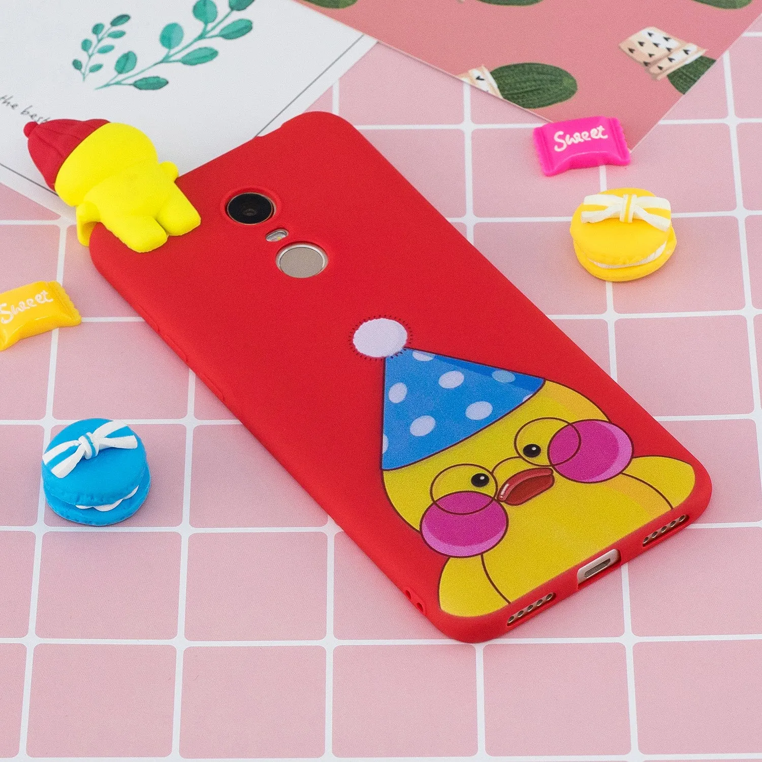 For Redmi 8/8A/5/Note 8T Mobile Phone Case Cute Cellphone Shell Soft TPU Cover with Cartoon Pig Duck Bear Kitten Lovely Pattern Red