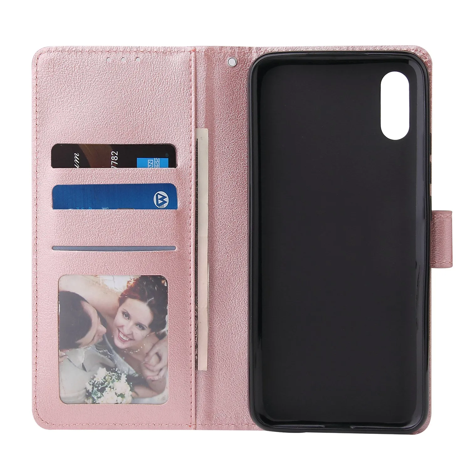 For Redmi 9A/Redmi 9C PU Leather Mobile Phone Cover with 3 Cards Slots Phone Frame Rose gold