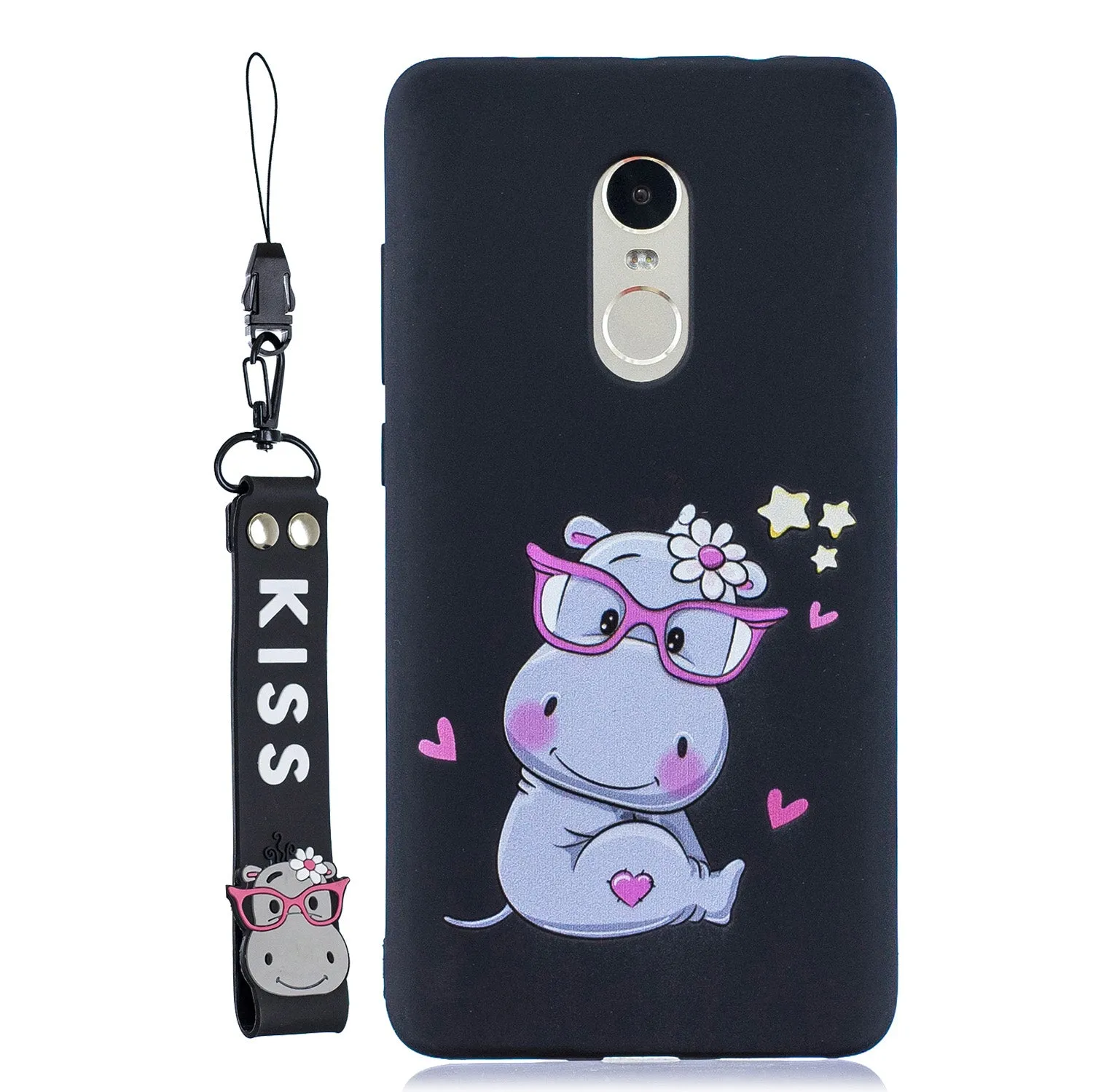 For Redmi note 4X/NOTE 4 Cartoon Lovely Coloured Painted Soft TPU Back Cover Non-slip Shockproof Full Protective Case with Lanyard black